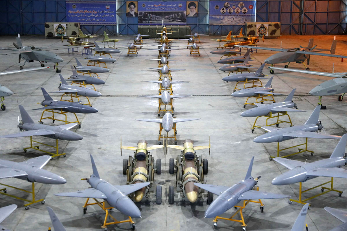 Iranian drones are displayed during a ceremony of the joining new drones to the Iranian Army's combat organisation in an undisclosed location in Iran