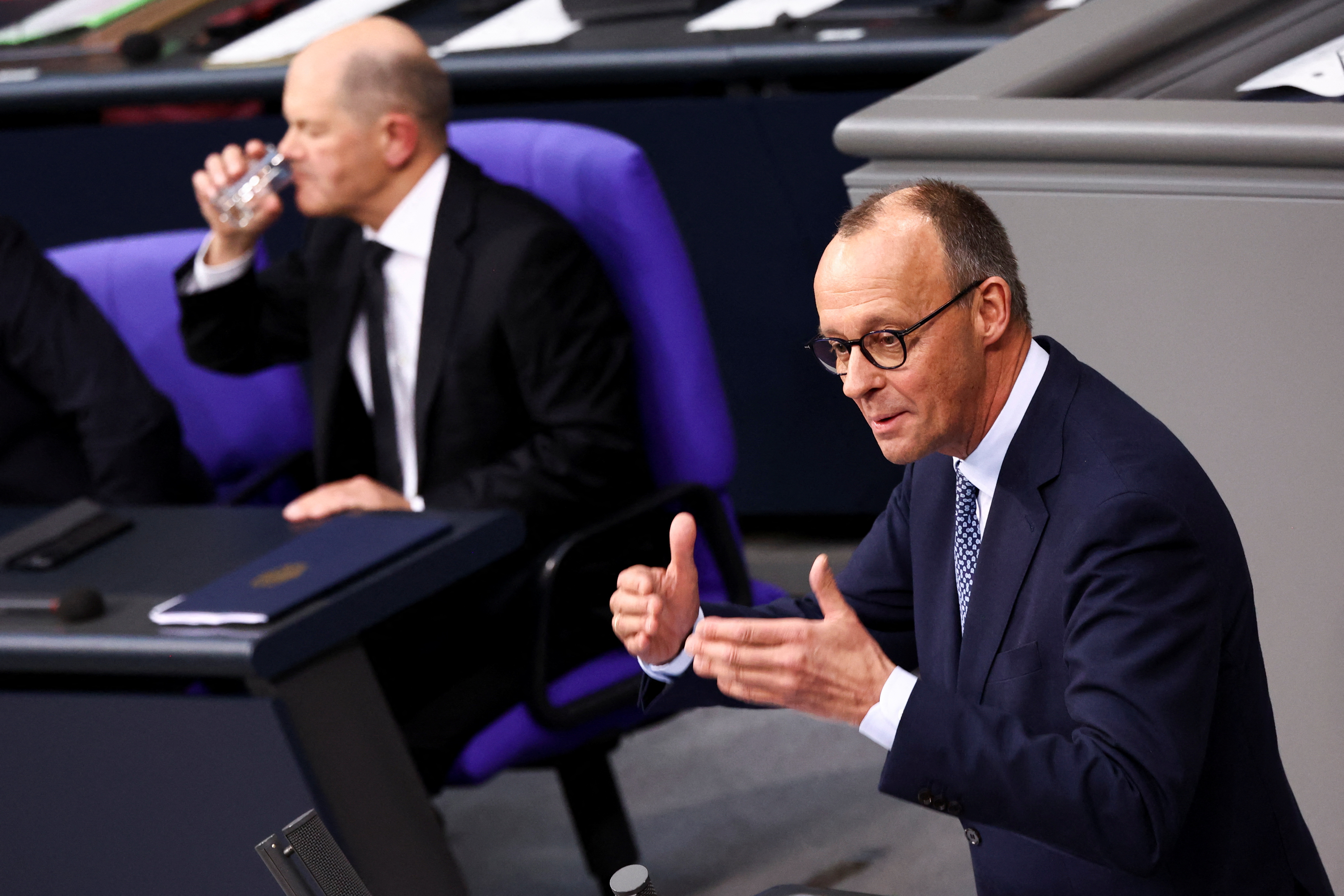 Christian Democratic Party (CDU) party leader Friedrich Merz speaks at the German lower house of parliament Bundestag in Berlin