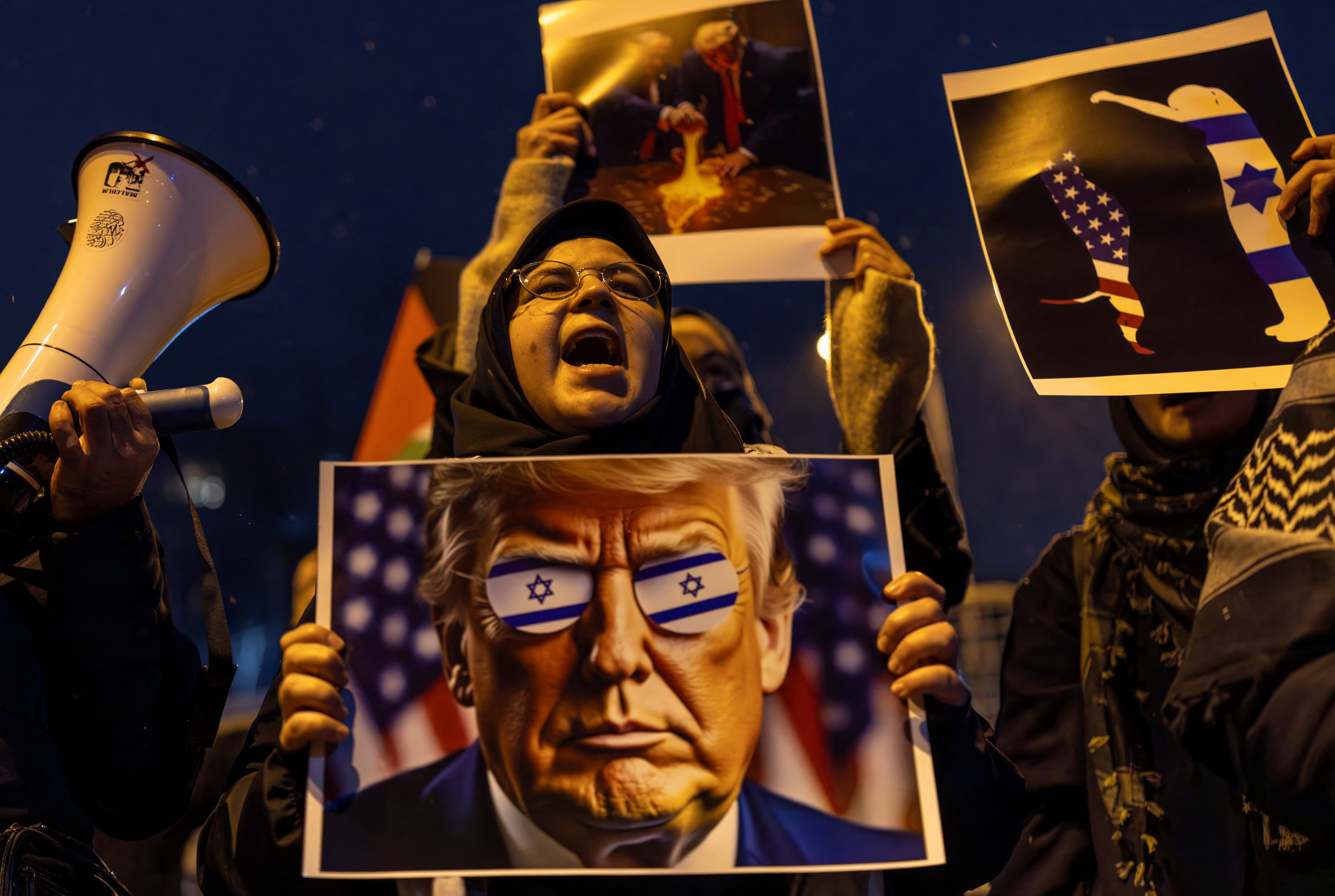 Demonstrators protest against U.S. President Donald Trump's plan to resettle Palestinians from Gaza in Istanbul