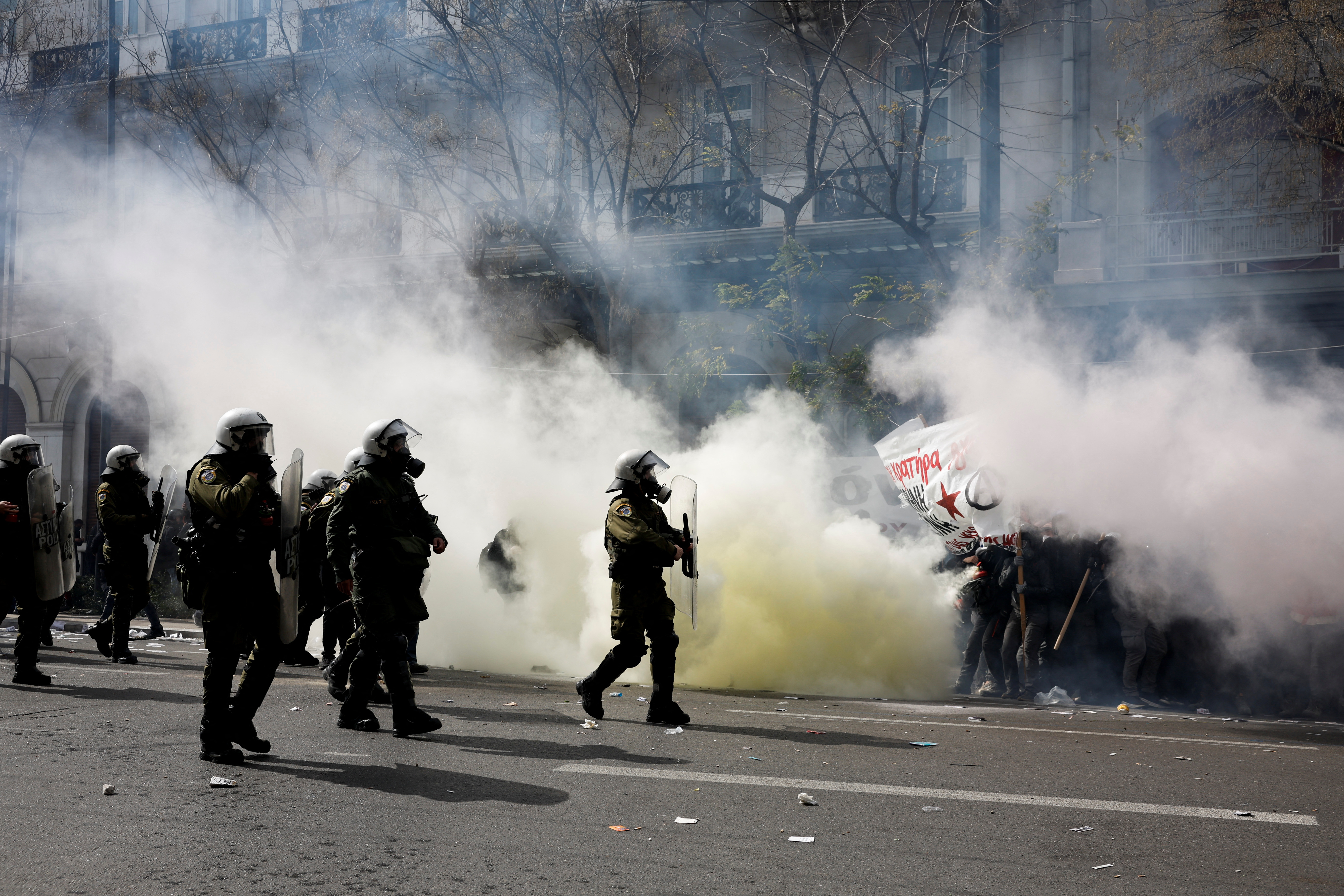 People gather in front of the Greek parliament during a protest, in Athens