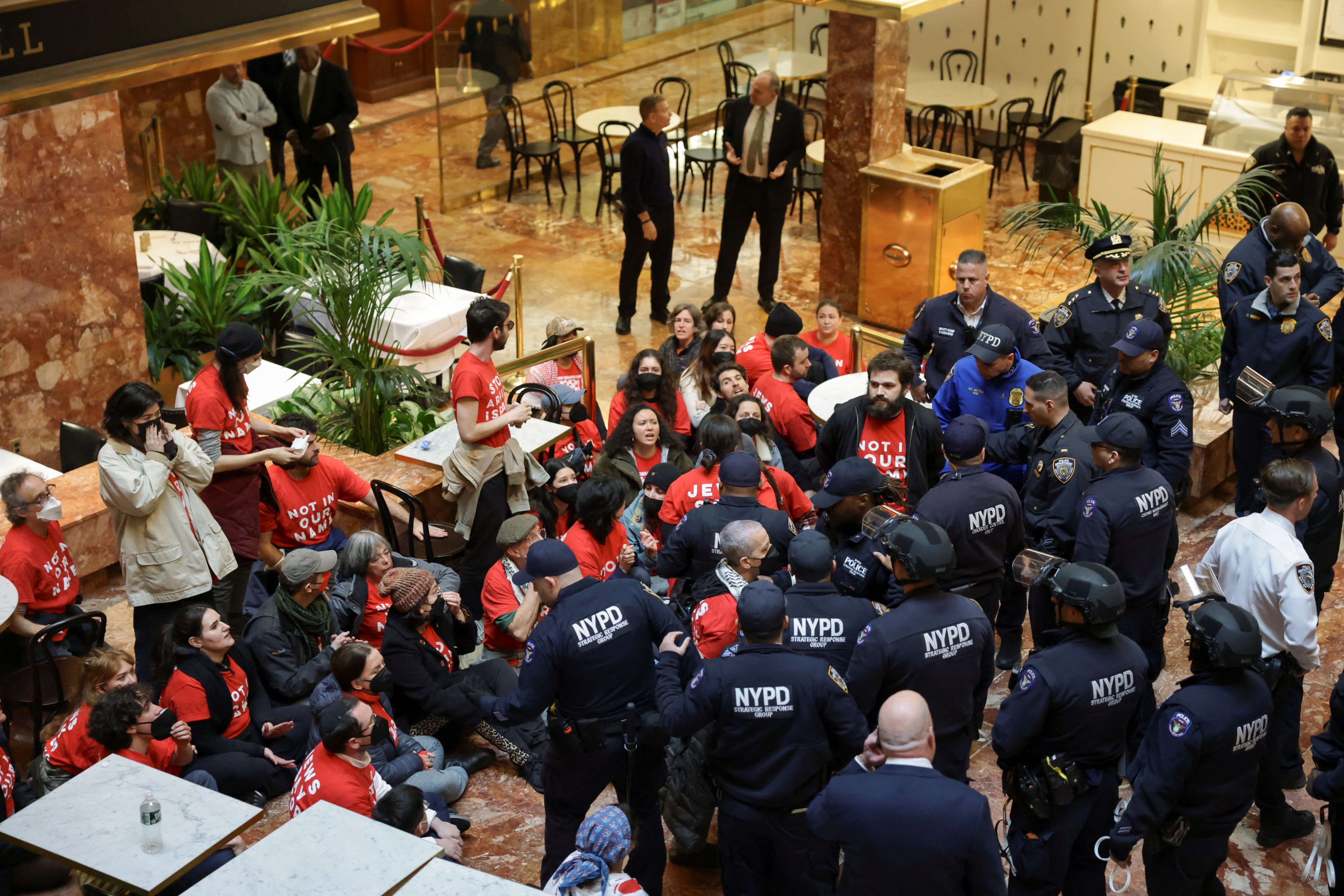 People protest against the ICE detention of Palestinian activist and Columbia University graduate student Mahmoud Khalil, at Trump Tower in New York City