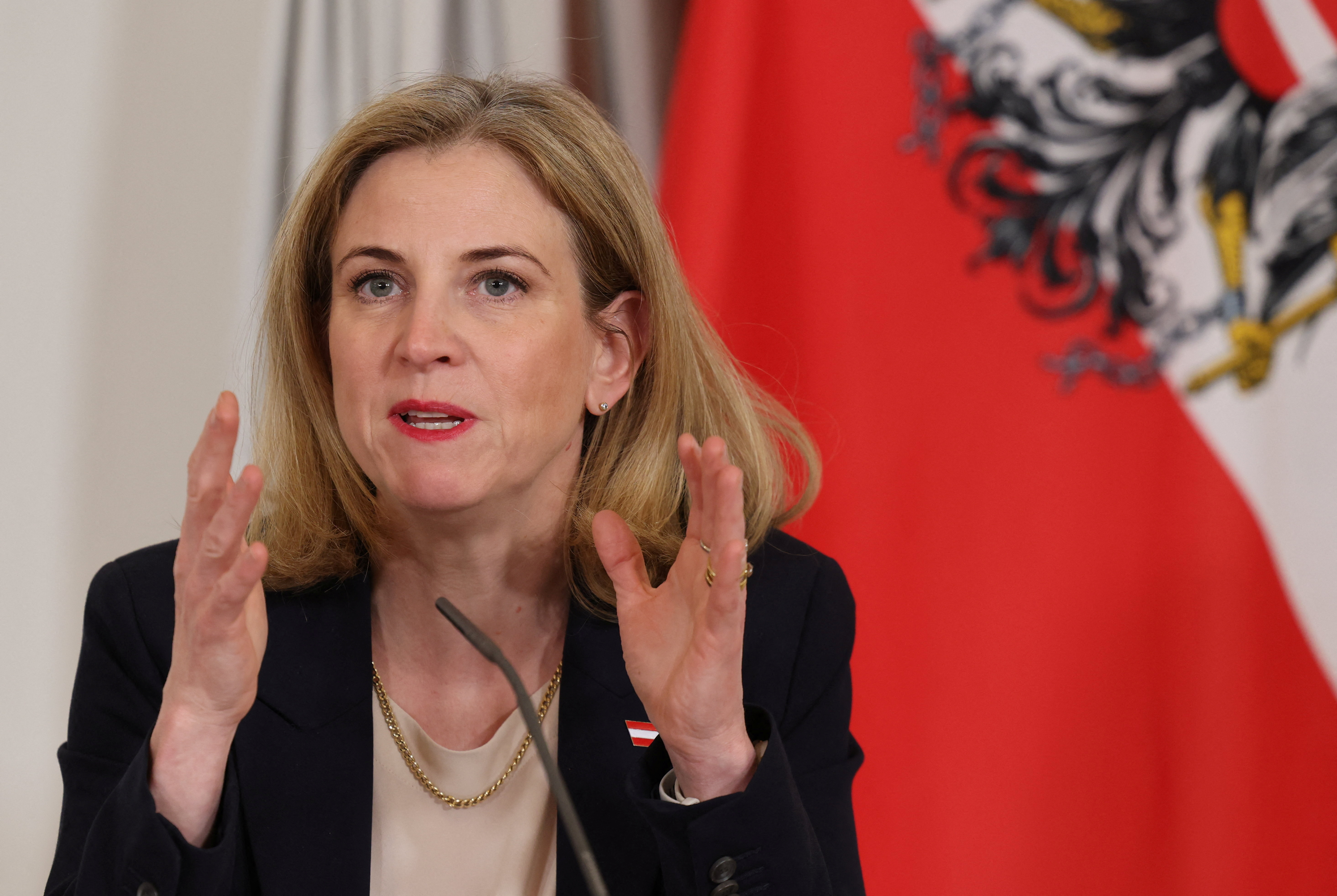 Foreign Minister Meinl-Reisinger addresses a press conference in Vienna