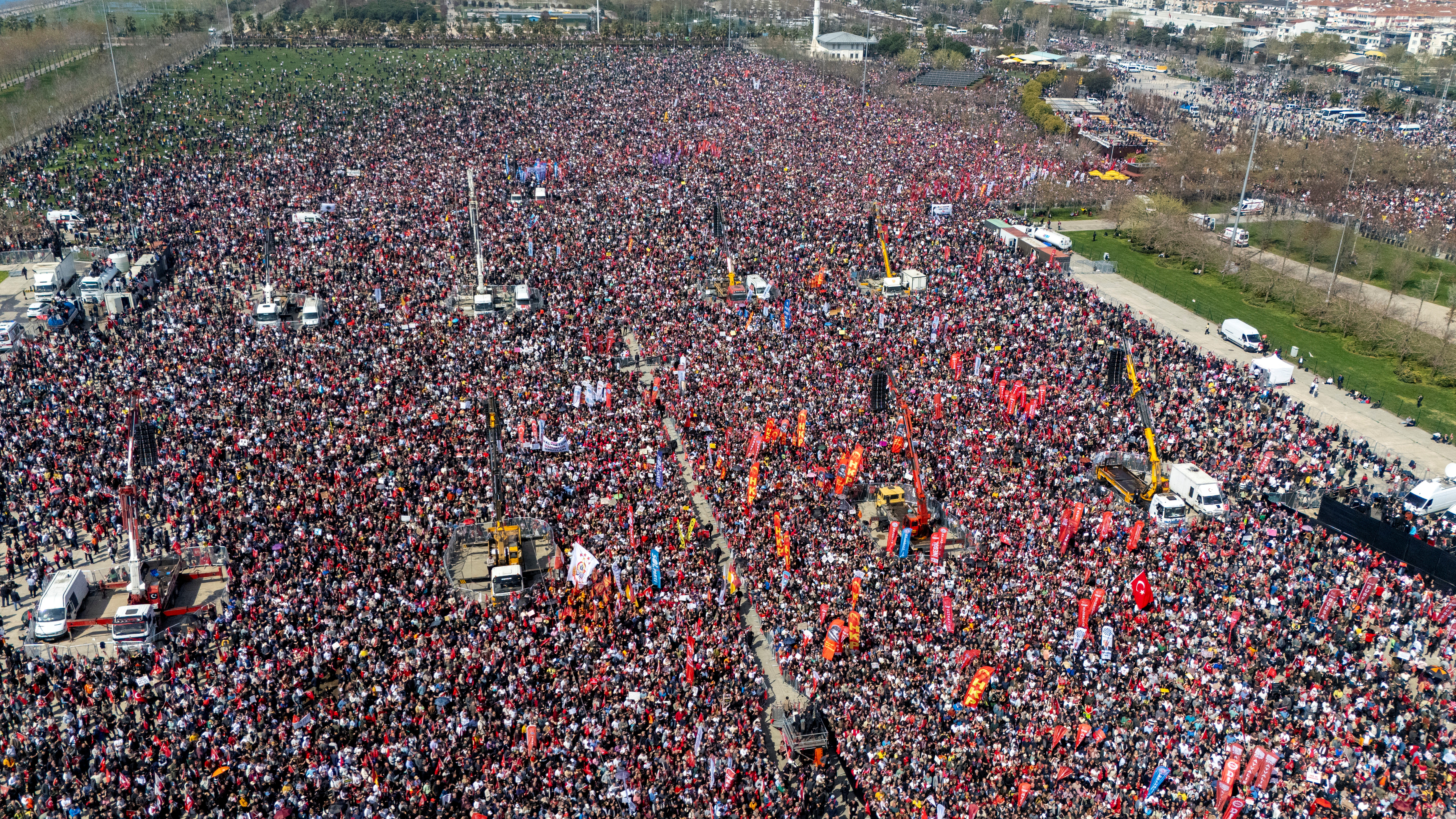 People gather during a rally to protest against the arrest of Istanbul Mayor Ekrem Imamoglu in Istanbul