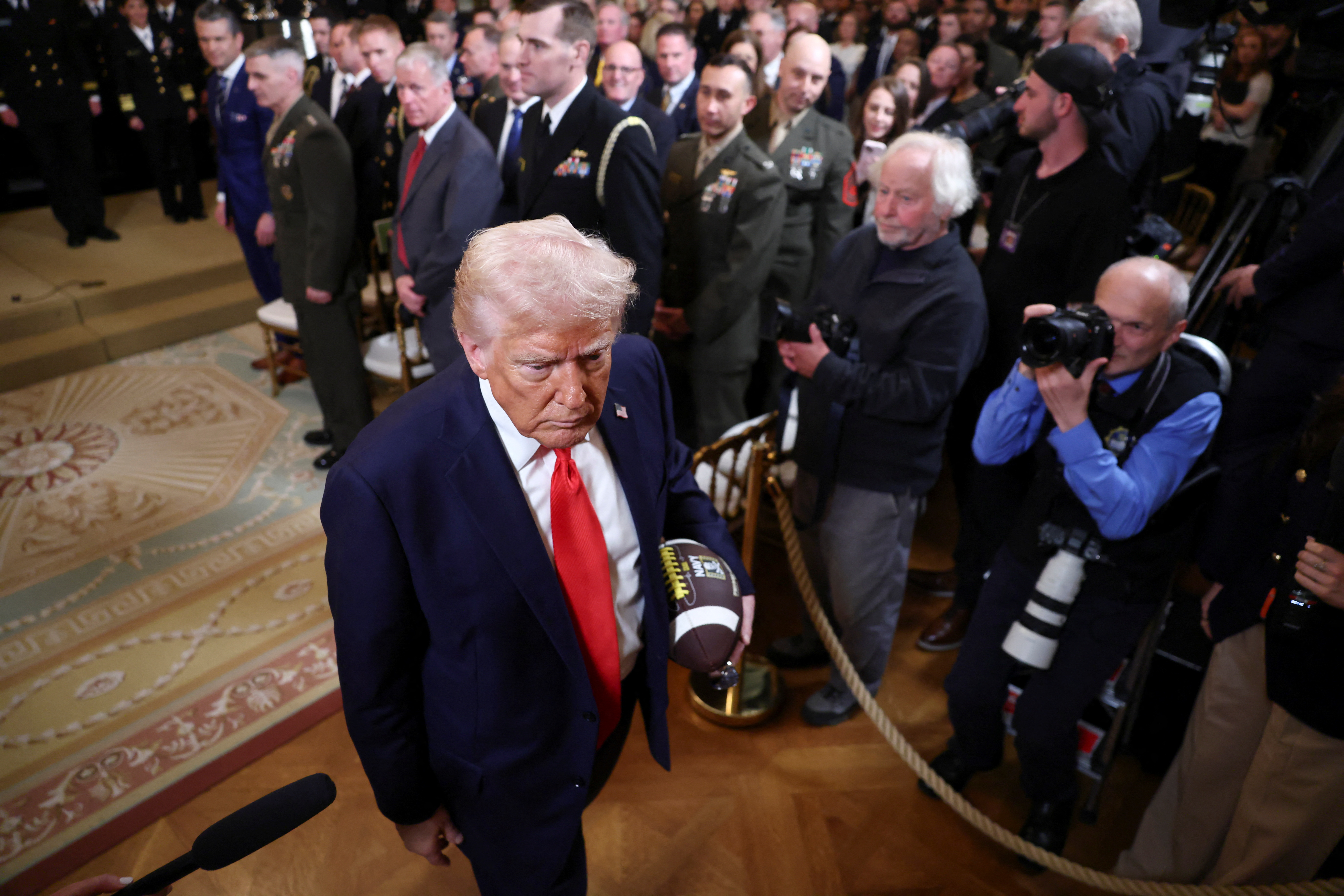 Presentation of the Commander-in-Chief trophy to the U.S. Naval Academy football team, at the White House in Washington
