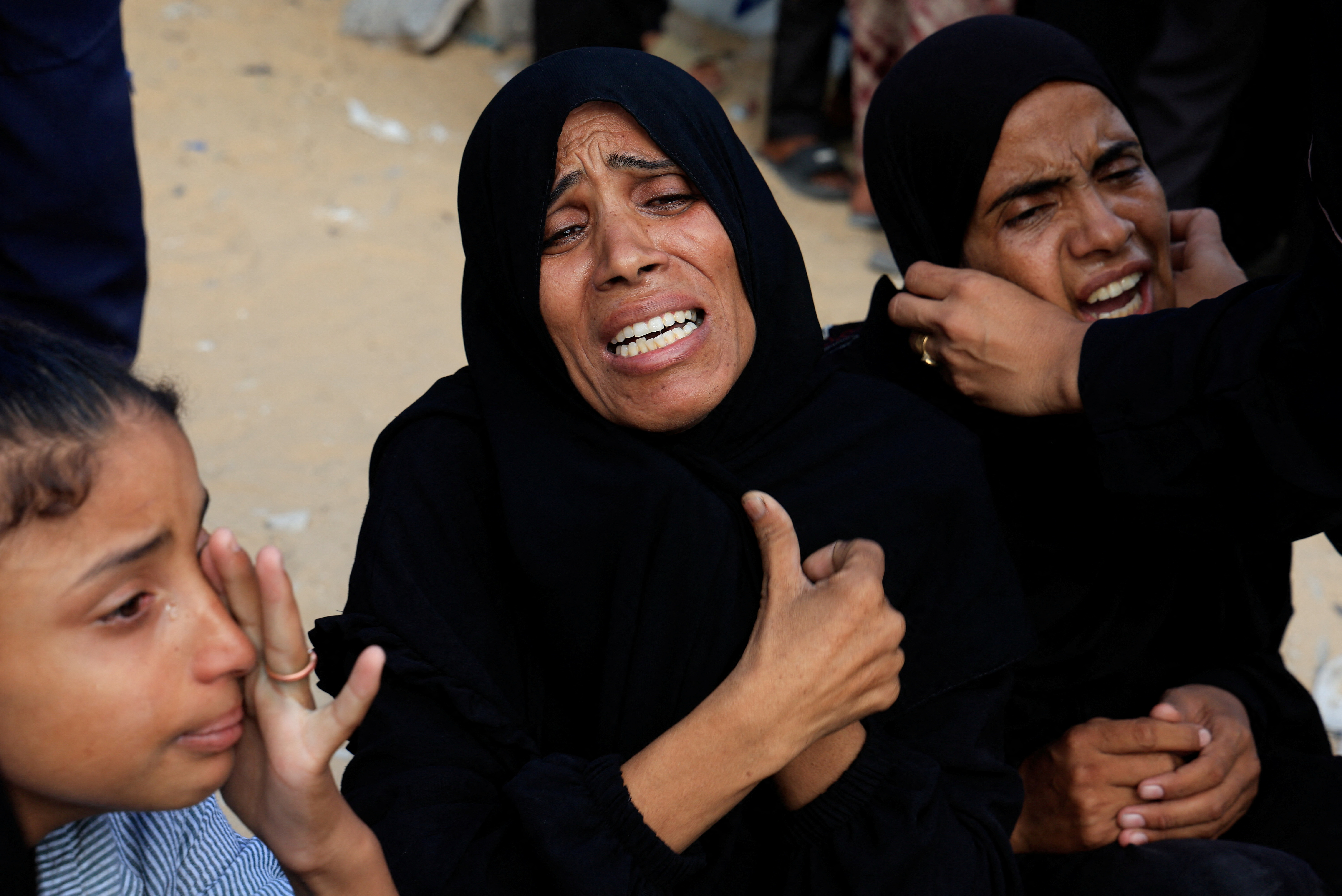 Funeral of Palestinians killed in morning Israeli strikes on tents sheltering displaced people, in Khan Younis