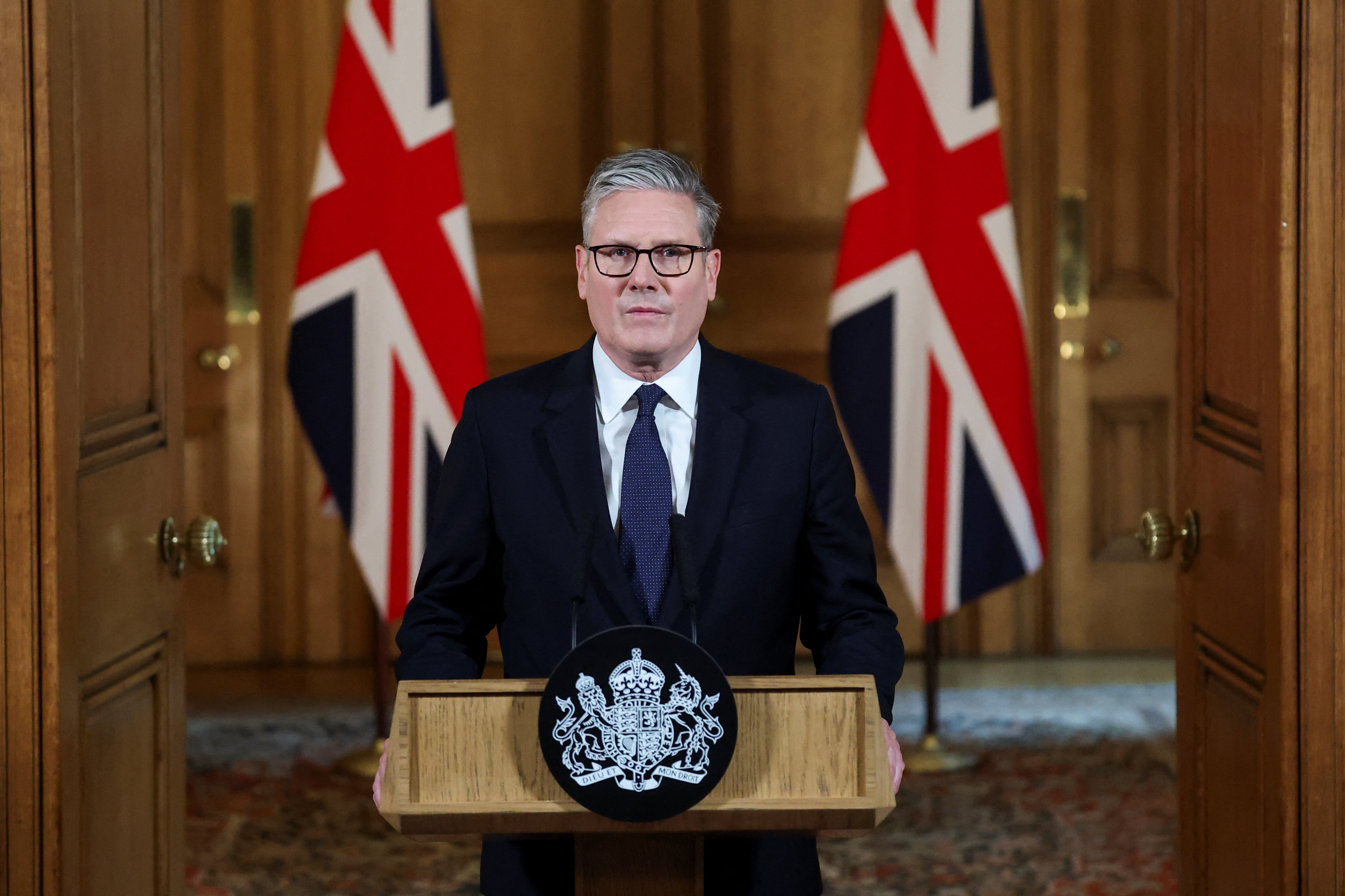 Britain's Prime Minister Keir Starmer delivers a statement inside No. 10 Downing Street on the day the cabinet was recalled to discuss the situation in Gaza, in London, Britain, July 29, 2025. REUTERS/Toby Melville/Pool