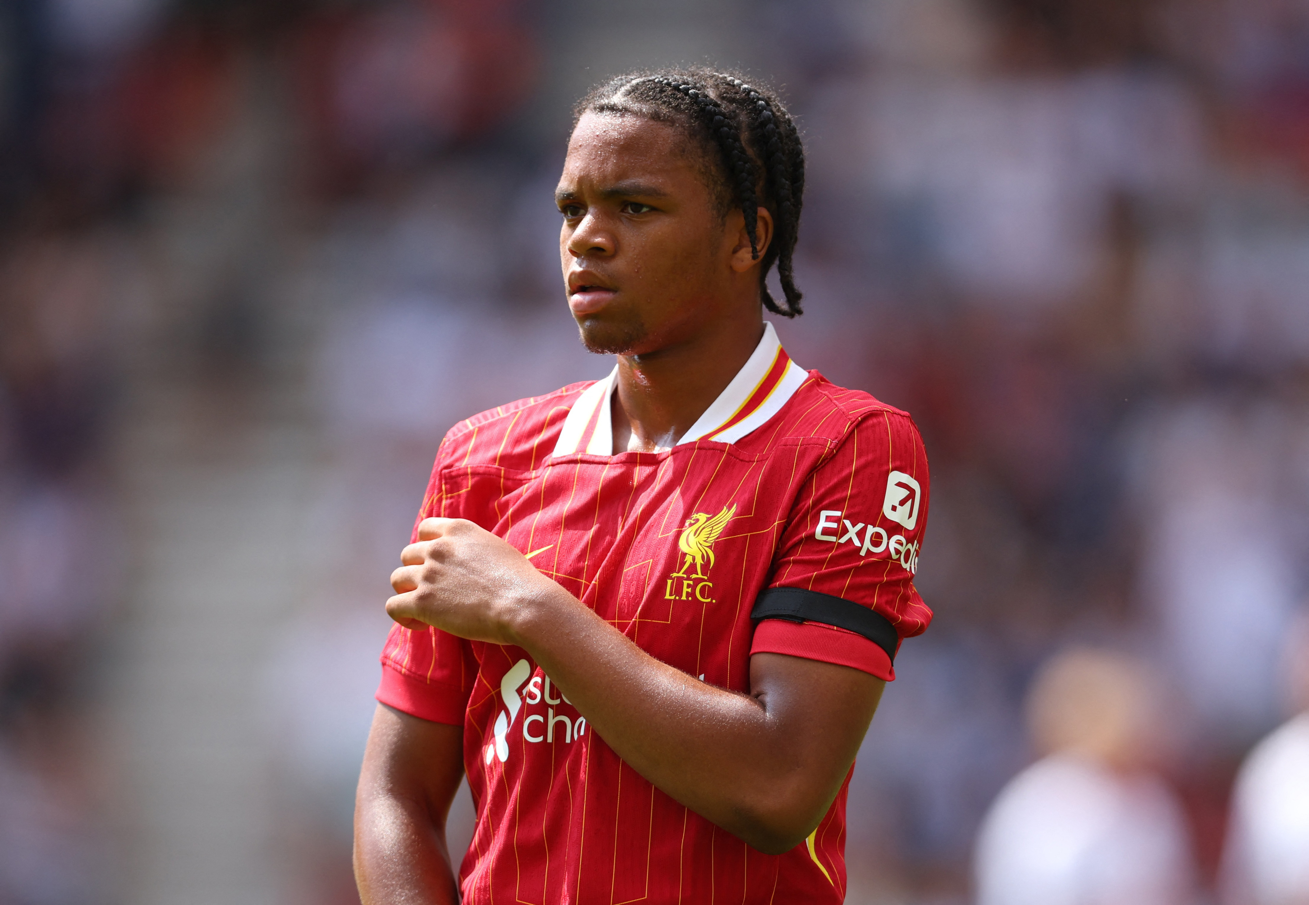 Soccer Football - Pre-Season Friendly - Preston North End v Liverpool - Deepdale, Preston, Britain - July 13, 2025 Liverpool's Rio Ngumoha wears a black arm band in tribute of Liverpool's Diogo Jota Action Images via Reuters/Ed Sykes