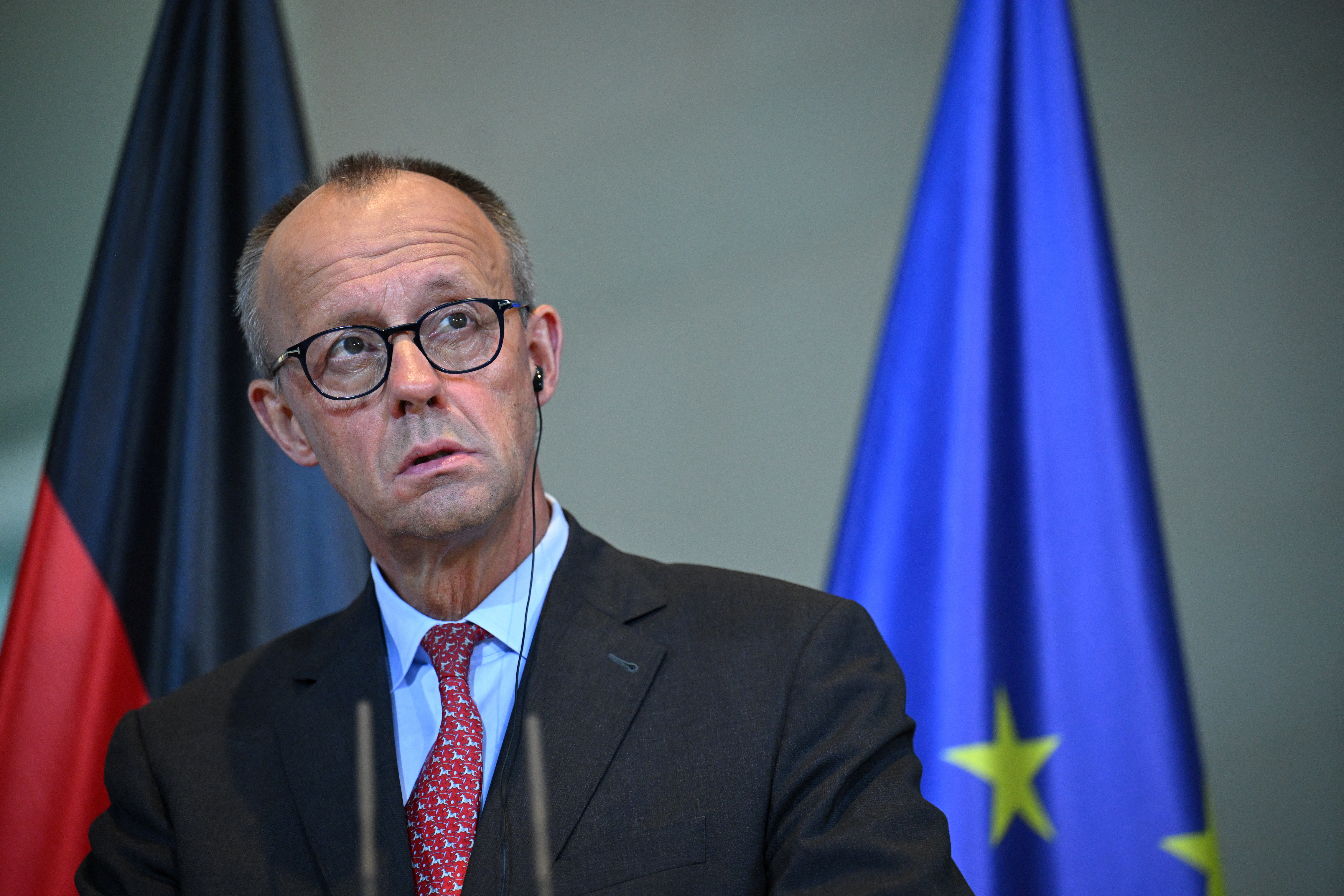 German Chancellor Friedrich Merz looks on as he and Czech Republic's Prime Minister Petr Fiala hold a press conference on the day of the bilateral talks at the Chancellery, in Berlin, Germany July 22, 2025. REUTERS/Annegret Hilse