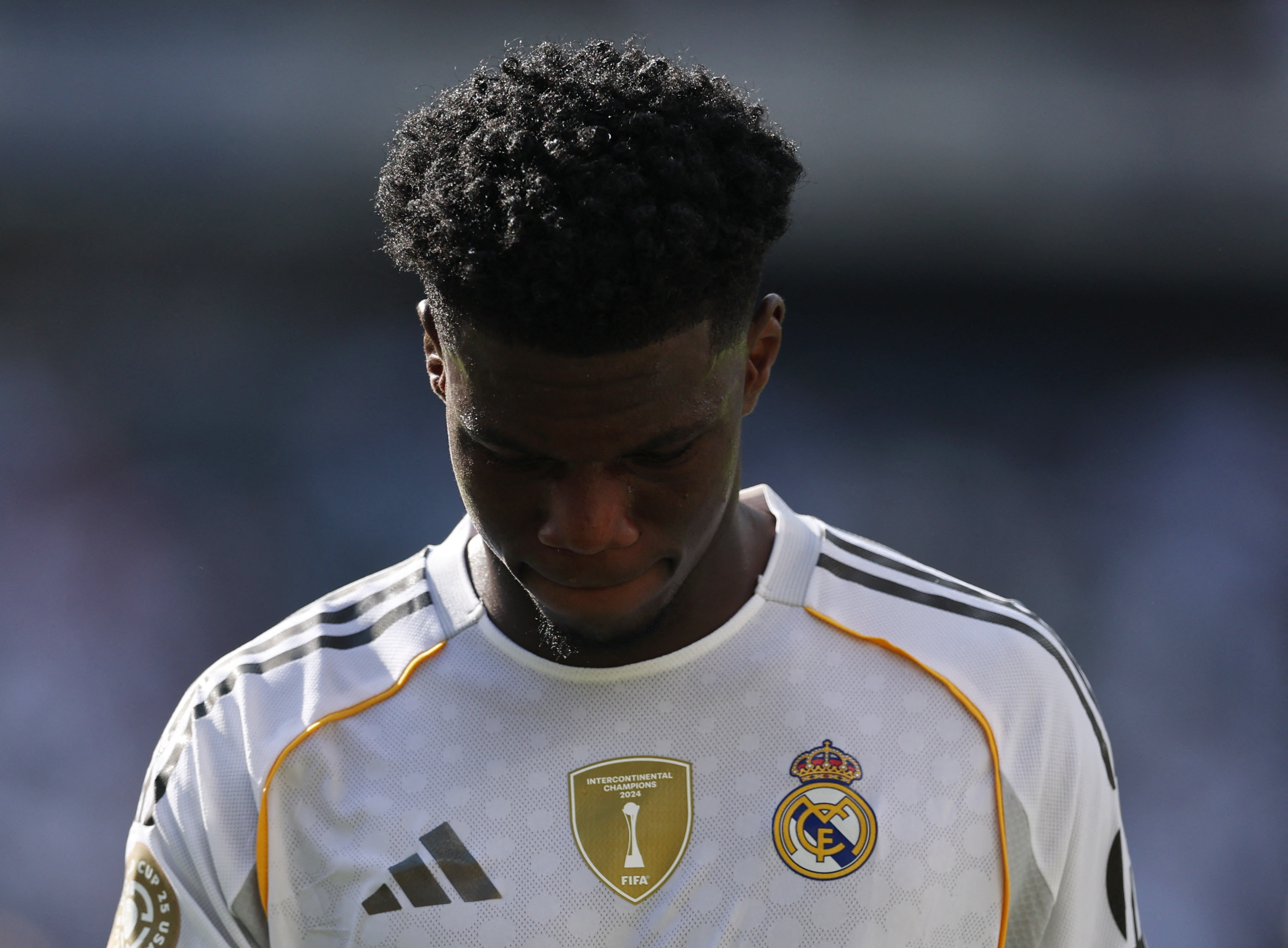 Soccer Football - FIFA Club World Cup - Semi Final - Paris St Germain v Real Madrid - MetLife Stadium, East Rutherford, New Jersey, U.S. - July 9, 2025  Real Madrid's Aurelien Tchouameni reacts after the match REUTERS/Amanda Perobelli