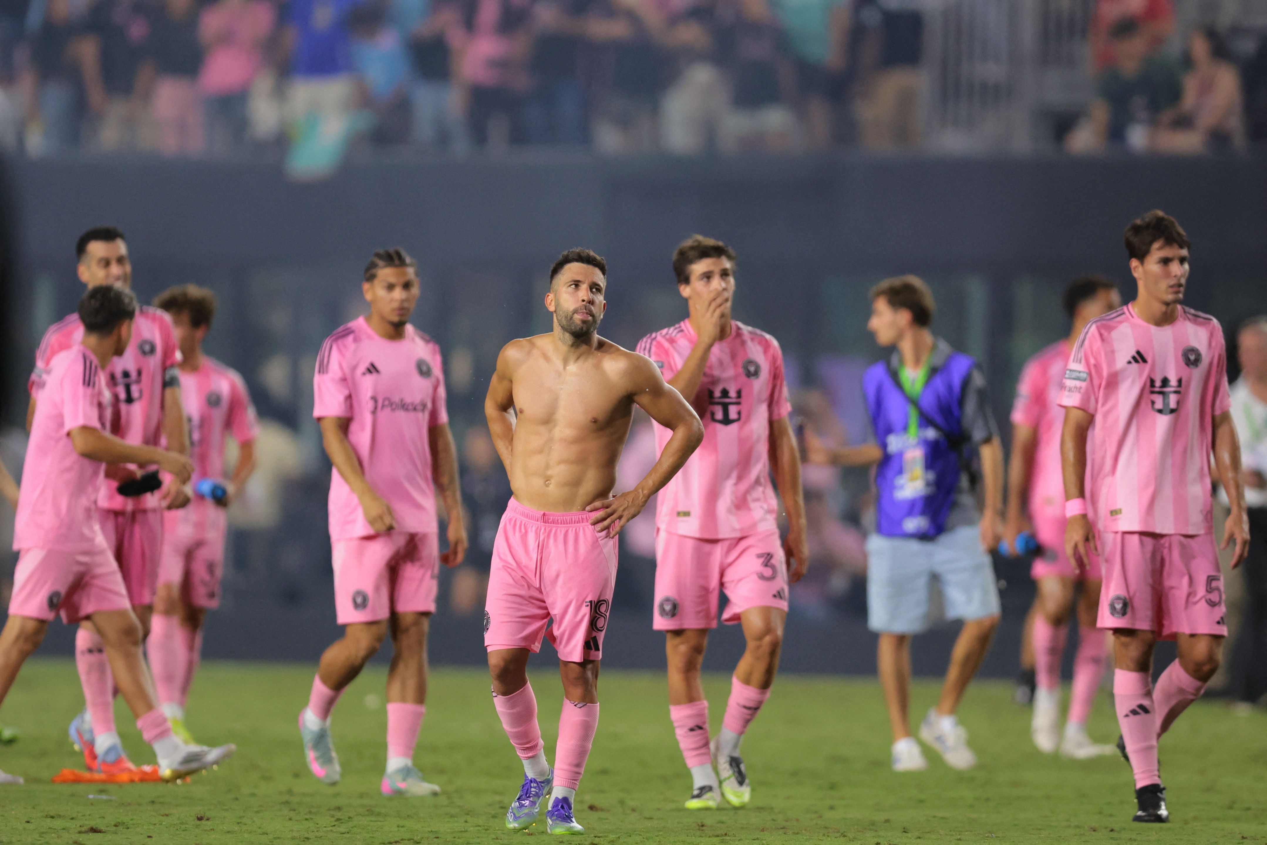 Aug 6, 2025; Fort Lauderdale, FL, USA; Inter Miami CF defender Jordi Alba (18) looks on after a Leagues Cup group stage match against Pumas UNAM at Chase Stadium. Mandatory Credit: Sam Navarro-Imagn Images
