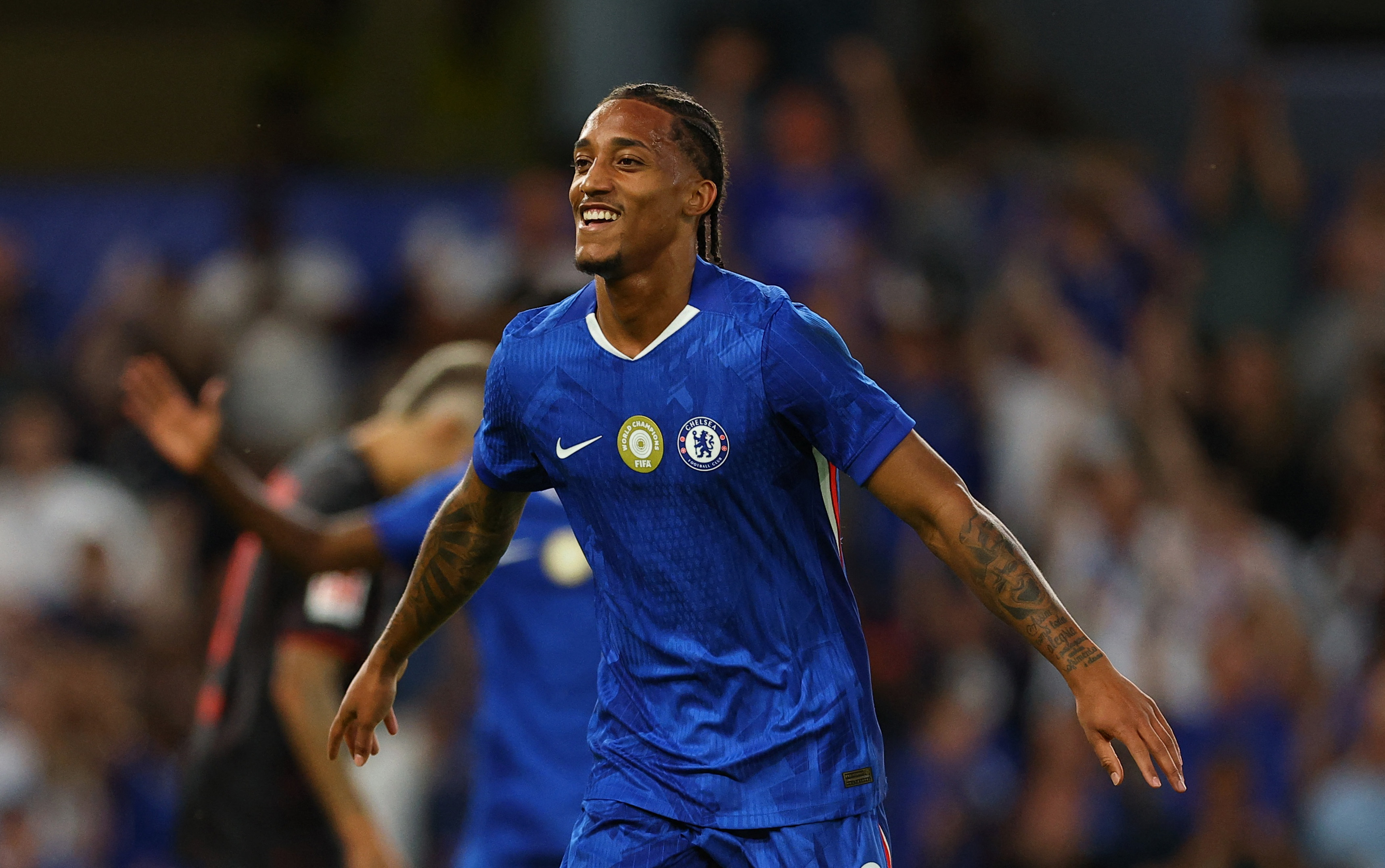 Soccer Football - Friendly - Chelsea v Bayer Leverkusen - Stamford Bridge, London, Britain - August 8, 2025 Chelsea's Joao Pedro celebrates scoring their second goal Action Images via Reuters/Andrew Boyers