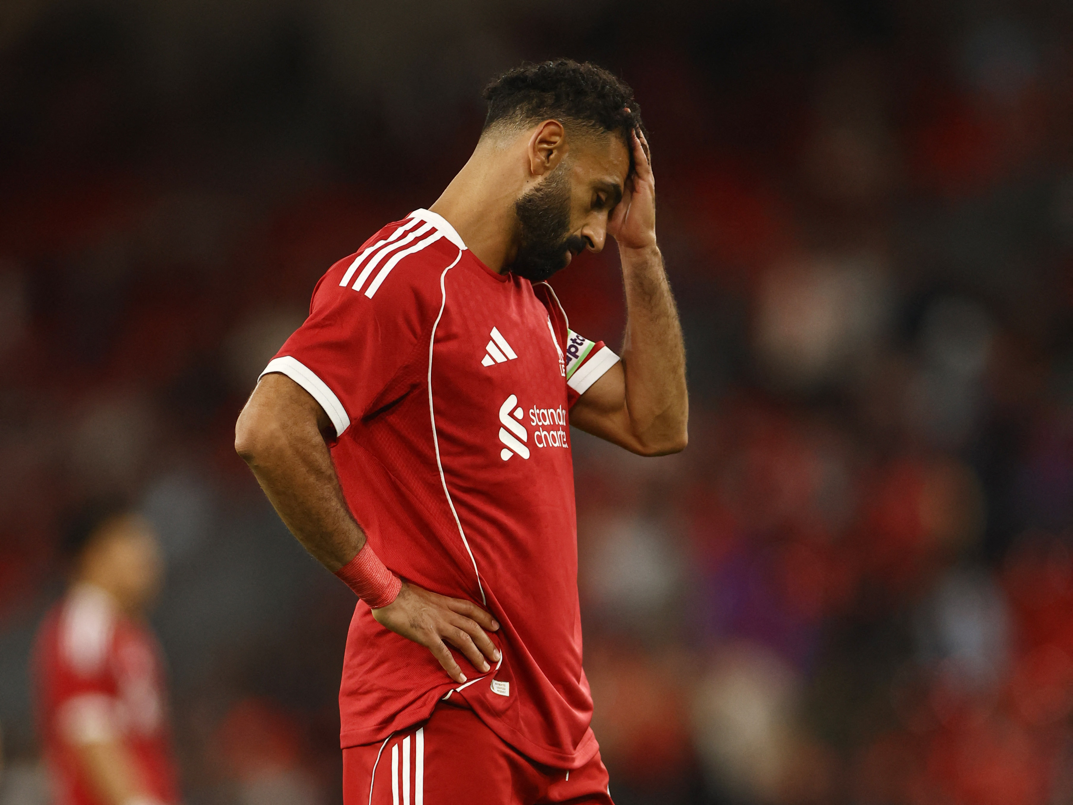 Soccer Football - Friendly - Liverpool v Athletic Bilbao - Anfield, Liverpool, Britain - August 4, 2025 Liverpool's Mohamed Salah reacts Action Images via Reuters/Lee Smith