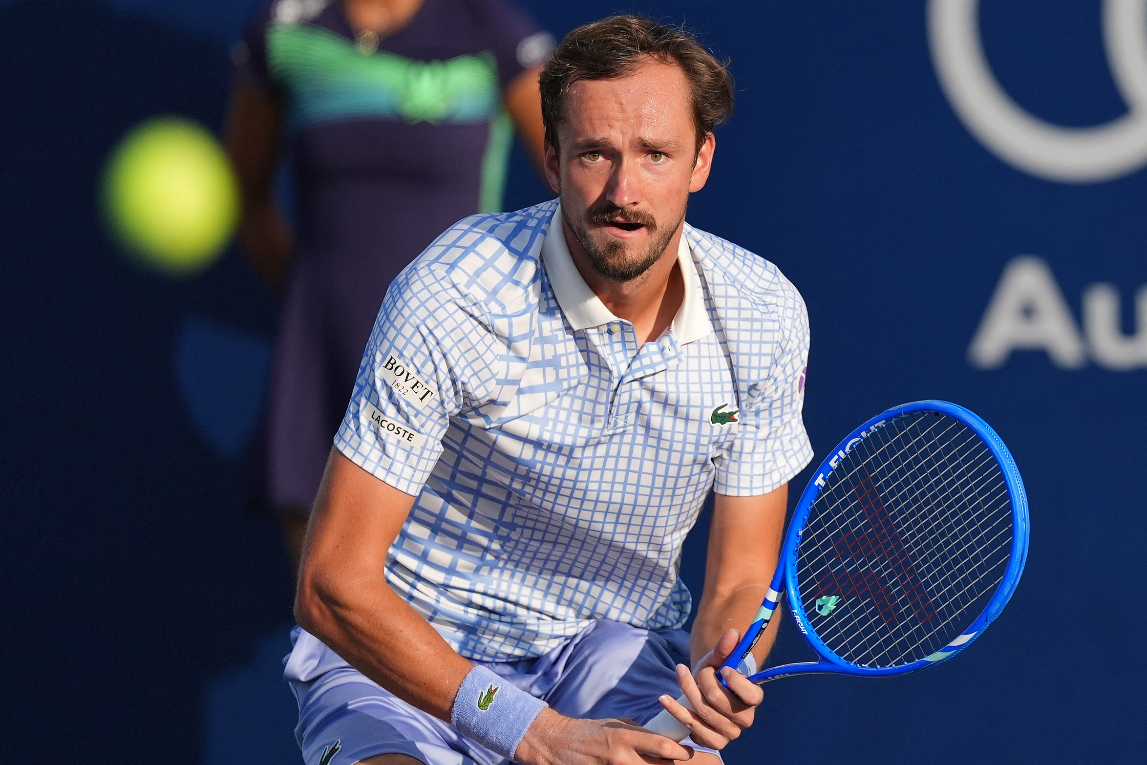 Jul 29, 2025; Toronto, ON, Canada; Daniil Medvedev follows a ball hit by Dalibor Svrcina (not pictured) during the second round at Sobeys Stadium. Mandatory Credit: John E. Sokolowski-Imagn Images