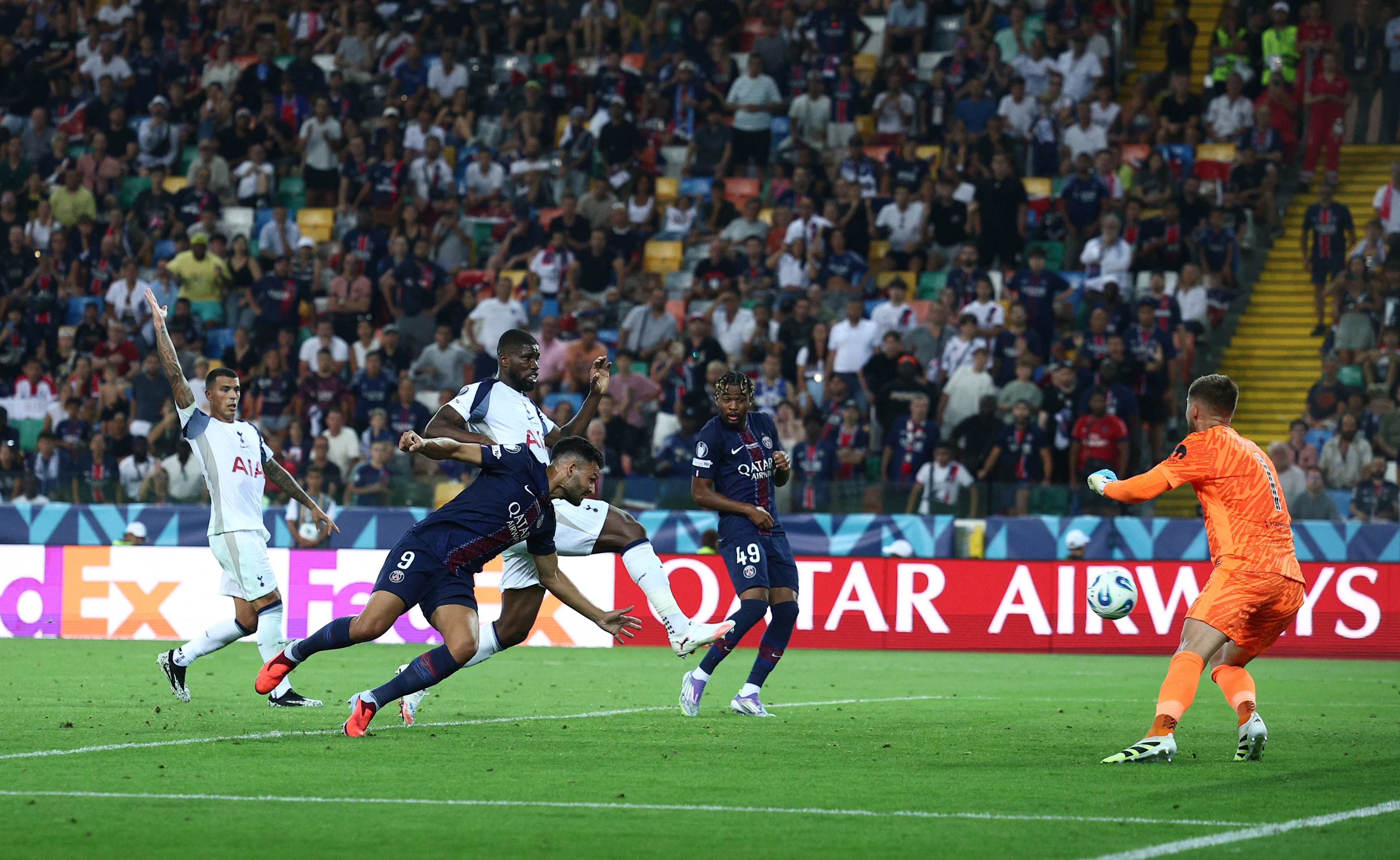 Soccer Football - UEFA Super Cup - Final - Paris St Germain v Tottenham Hotspur - Bluenergy Stadium, Udine, Italy - August 13, 2025 Paris Saint Germain's Goncalo Ramos scores their second goal REUTERS/Guglielmo Mangiapane