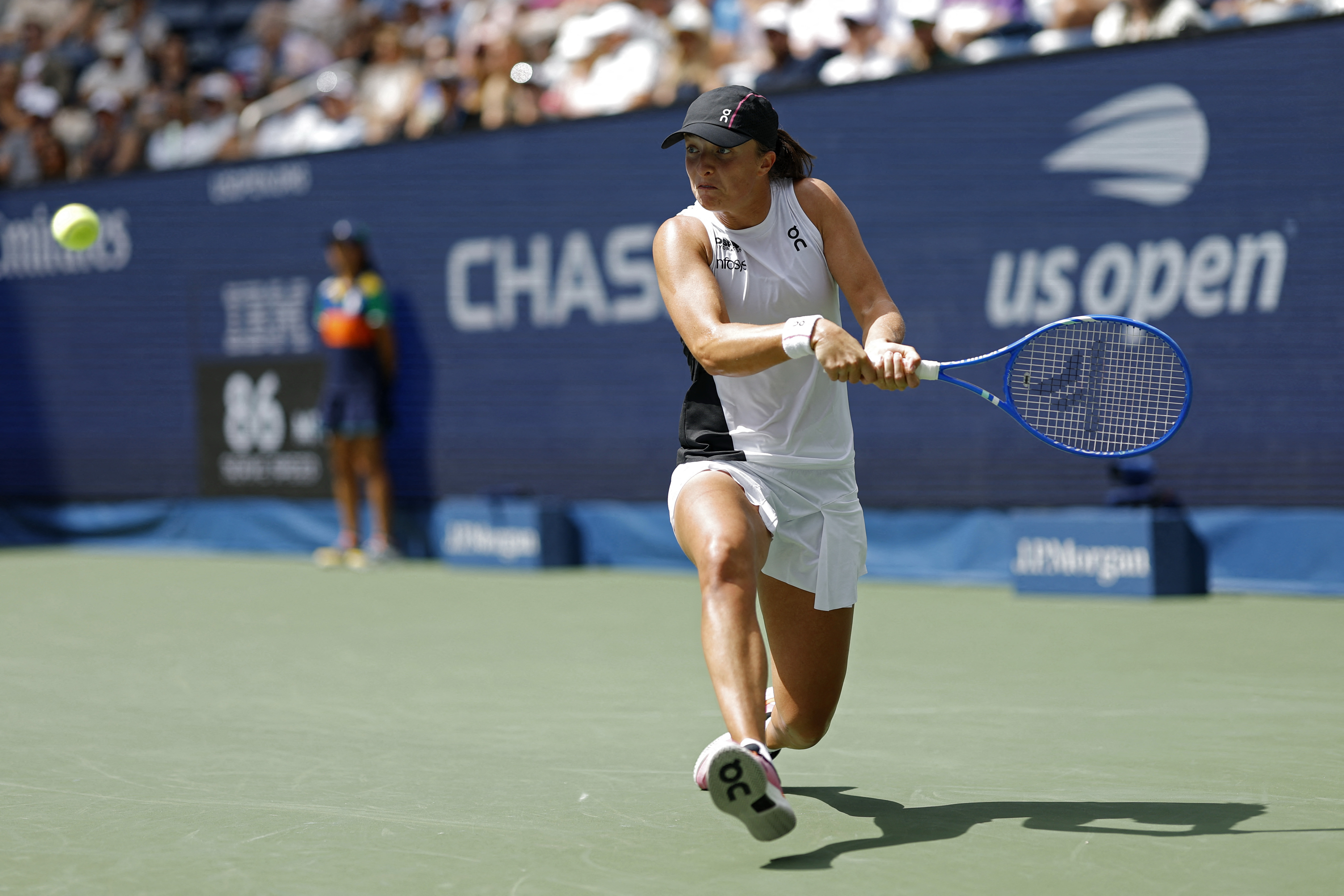 Sep 1, 2025; Flushing, NY, USA; Iga Swiatek (POL) hits a backhand against Ekaterina Alexandrova (not pictured) on day nine of the 2025 US Open tennis championships at Billie Jean King National Tennis Center. Mandatory Credit: Geoff Burke-Imagn Images