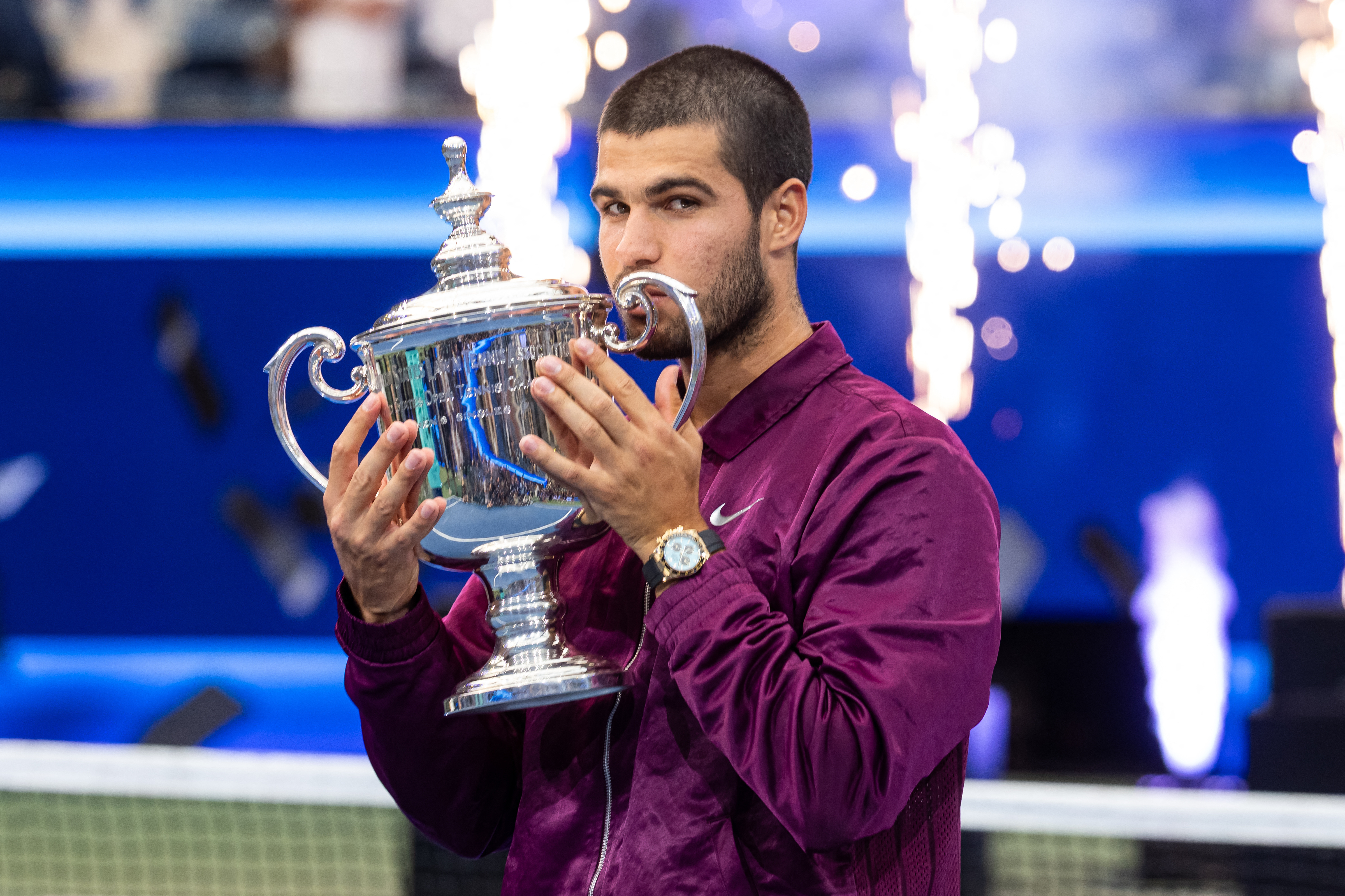 Sep 7, 2025; Flushing, NY, USA; Carlos Alcaraz of Spain with the US Open trophy after winning the final of men’s singles at Billie Jean King National Tennis Center. Mandatory Credit: Mike Frey-Imagn Images