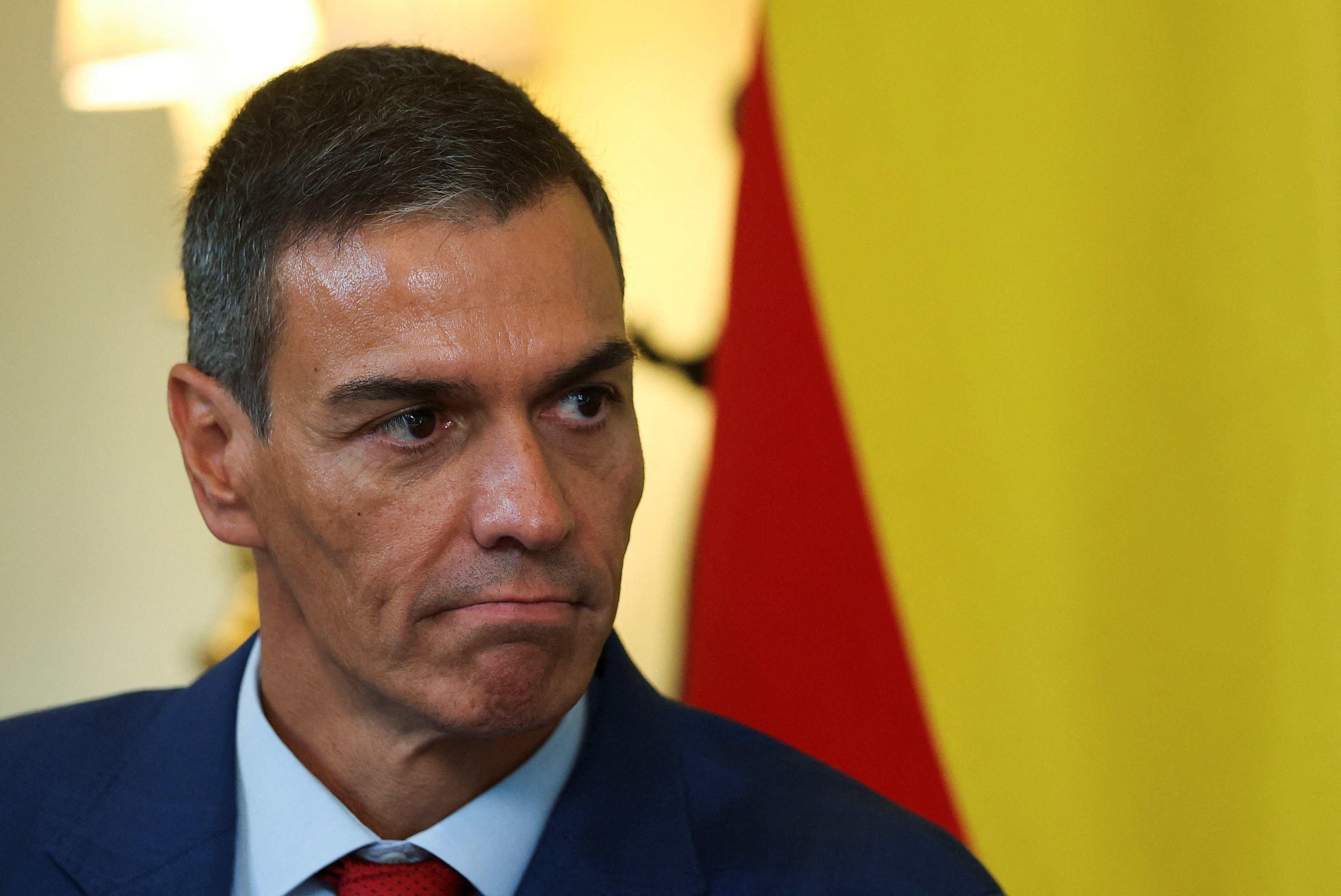 Spanish Prime Minister Pedro Sanchez looks on during a meeting with British Prime Minister Keir Starmer (not pictured) inside 10 Downing Street, in London, Britain, September 3, 2025. REUTERS/Toby Melville/Pool