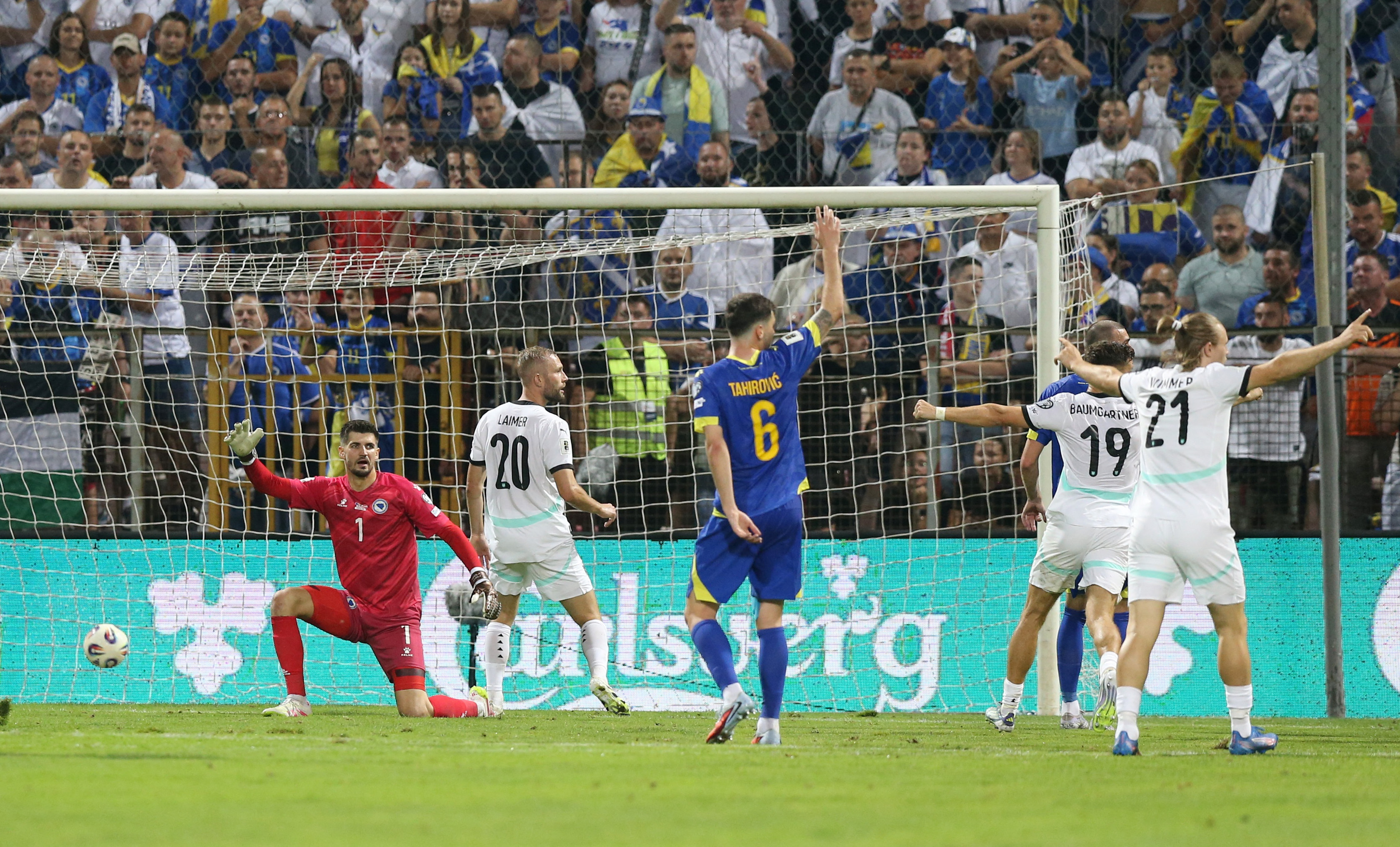 Soccer Football - World Cup - UEFA Qualifiers - Group H - Bosnia and Herzegovina v Austria - Stadion Bilino Polje, Zenica, Bosnia and Herzegovina - September 9, 2025 Austria's Konrad Laimer scores their second goal REUTERS/Amel Emric