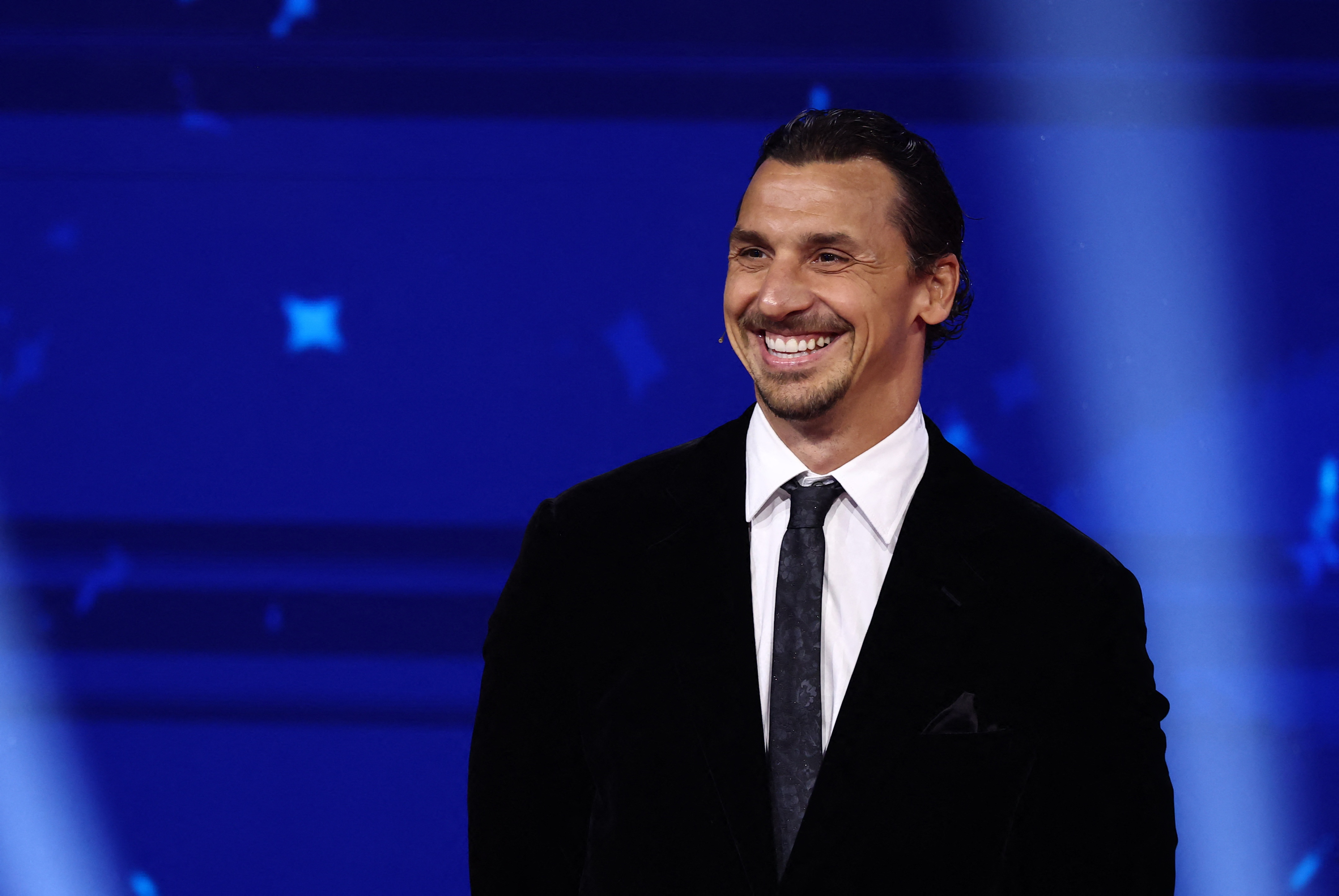 Soccer Football - UEFA Champions League Draw - Grimaldi Forum, Monaco - August 28, 2025 Former footballer Zlatan Ibrahimovic on stage before the draw REUTERS/Stephane Mahe