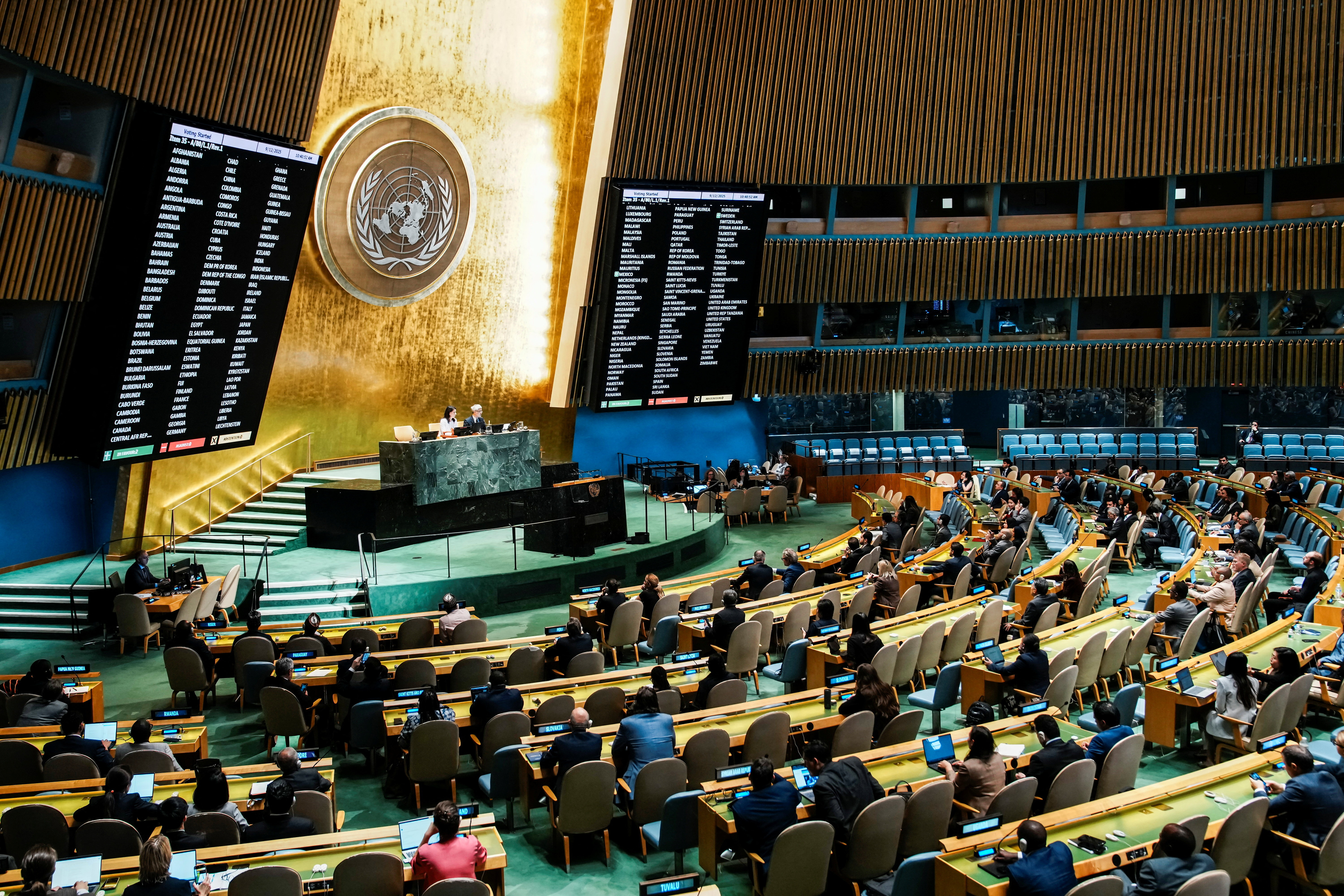 Members of the United Nations General Assembly vote on the Question of Palestine and the Implementation of the Two-State Solution, at U.N. headquarters in New York City, U.S., September 12, 2025. REUTERS/Eduardo Munoz