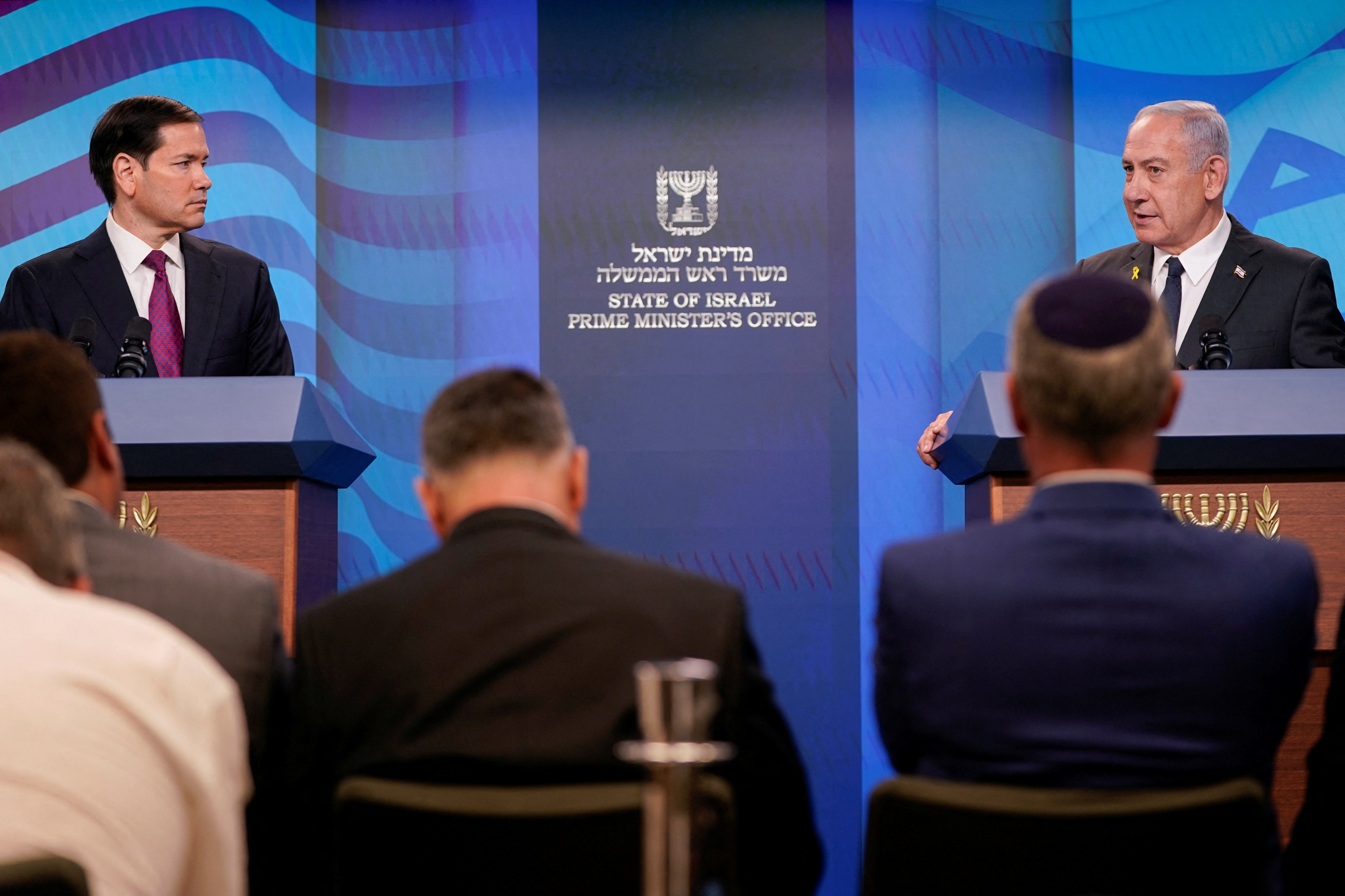 Israeli Prime Minister Benjamin Netanyahu and U.S. Secretary of State Marco Rubio hold a joint press conference at the Prime Minister's Office, during Rubio's visit, in Jerusalem, September 15, 2025. REUTERS/Nathan Howard/Pool
