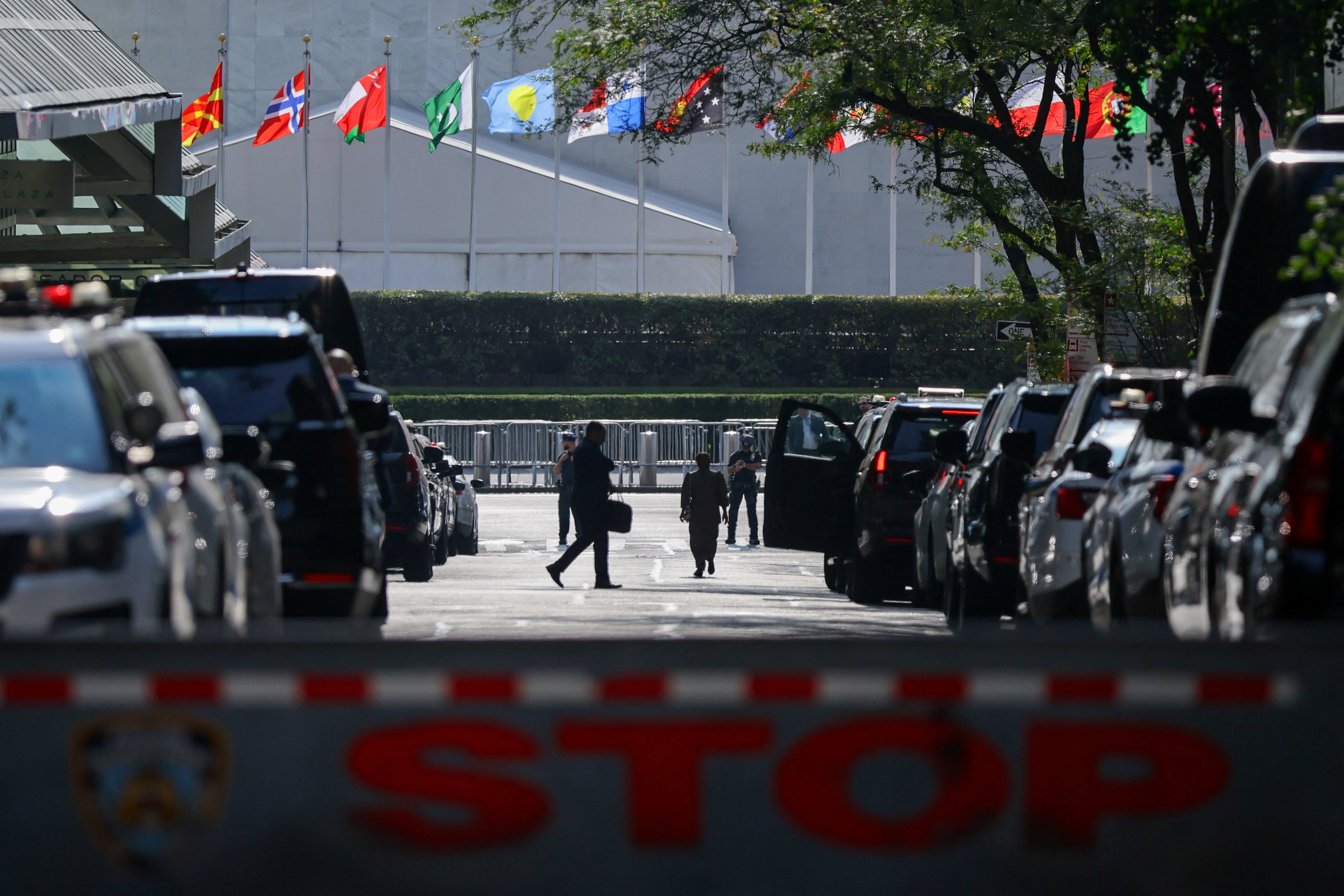 A police blockade is set up on a road near the 80th United Nations General Assembly