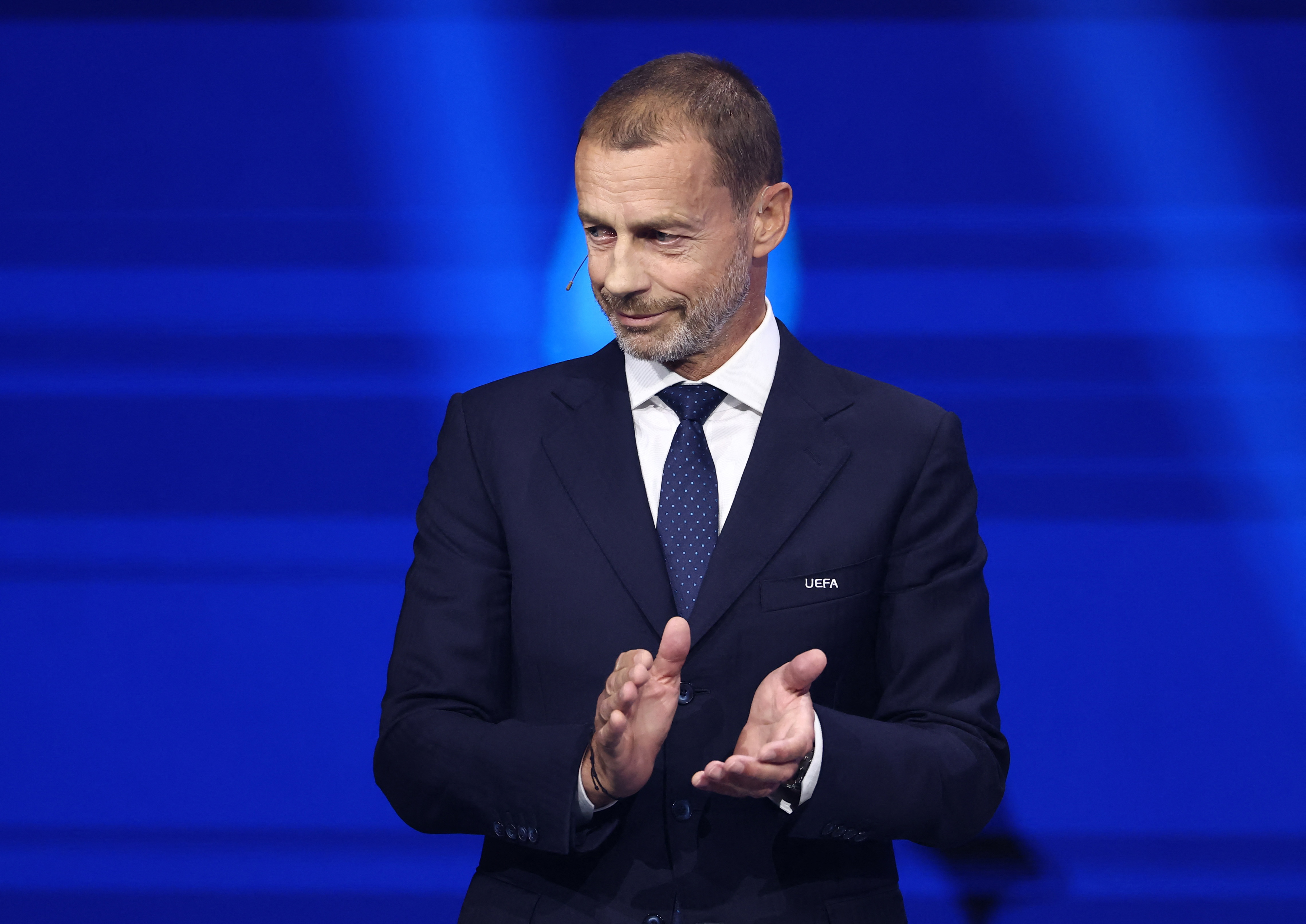 Soccer Football - UEFA Champions League Draw - Grimaldi Forum, Monaco - August 28, 2025 UEFA President Aleksander Ceferin on stage before the draw REUTERS/Stephane Mahe