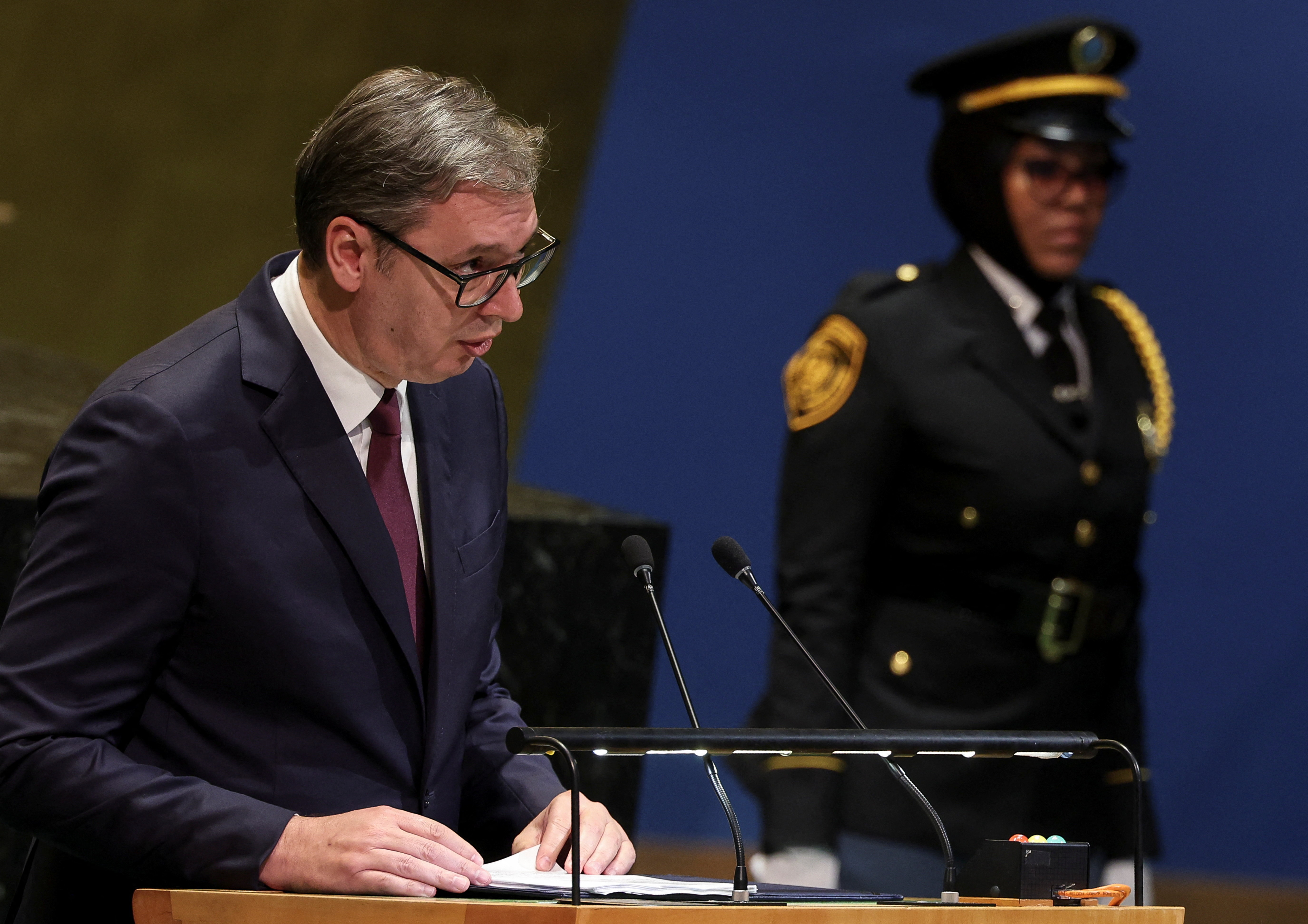 Serbia's President Aleksandar Vucic addresses the 80th United Nations General Assembly (UNGA) at the U.N. headquarters in New York, U.S., September 24, 2025. REUTERS/Shannon Stapleton