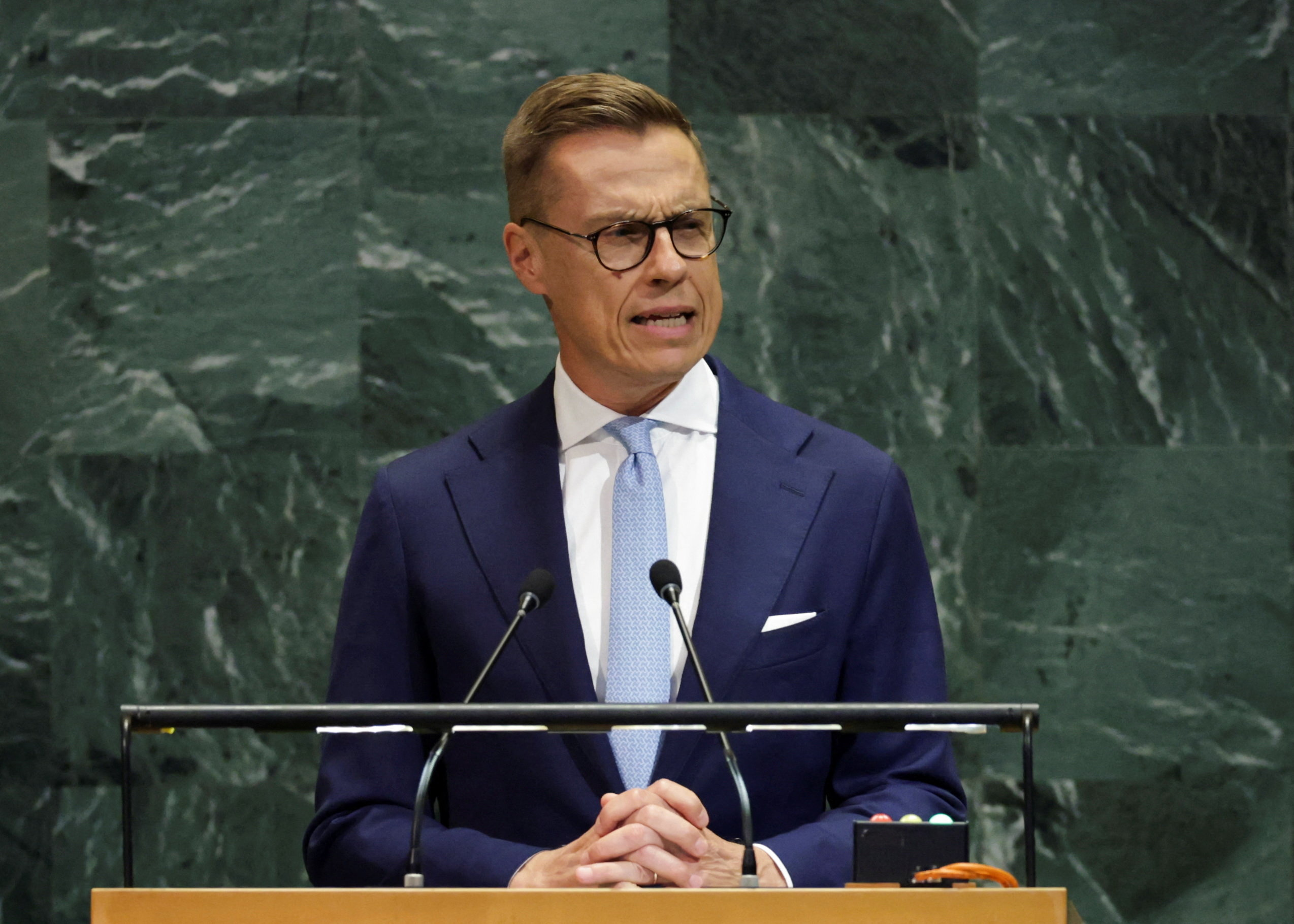 Finland's President Alexander Stubb addresses the 80th United Nations General Assembly at U.N. headquarters in New York, U.S., September 24, 2025.  REUTERS/Jeenah Moon