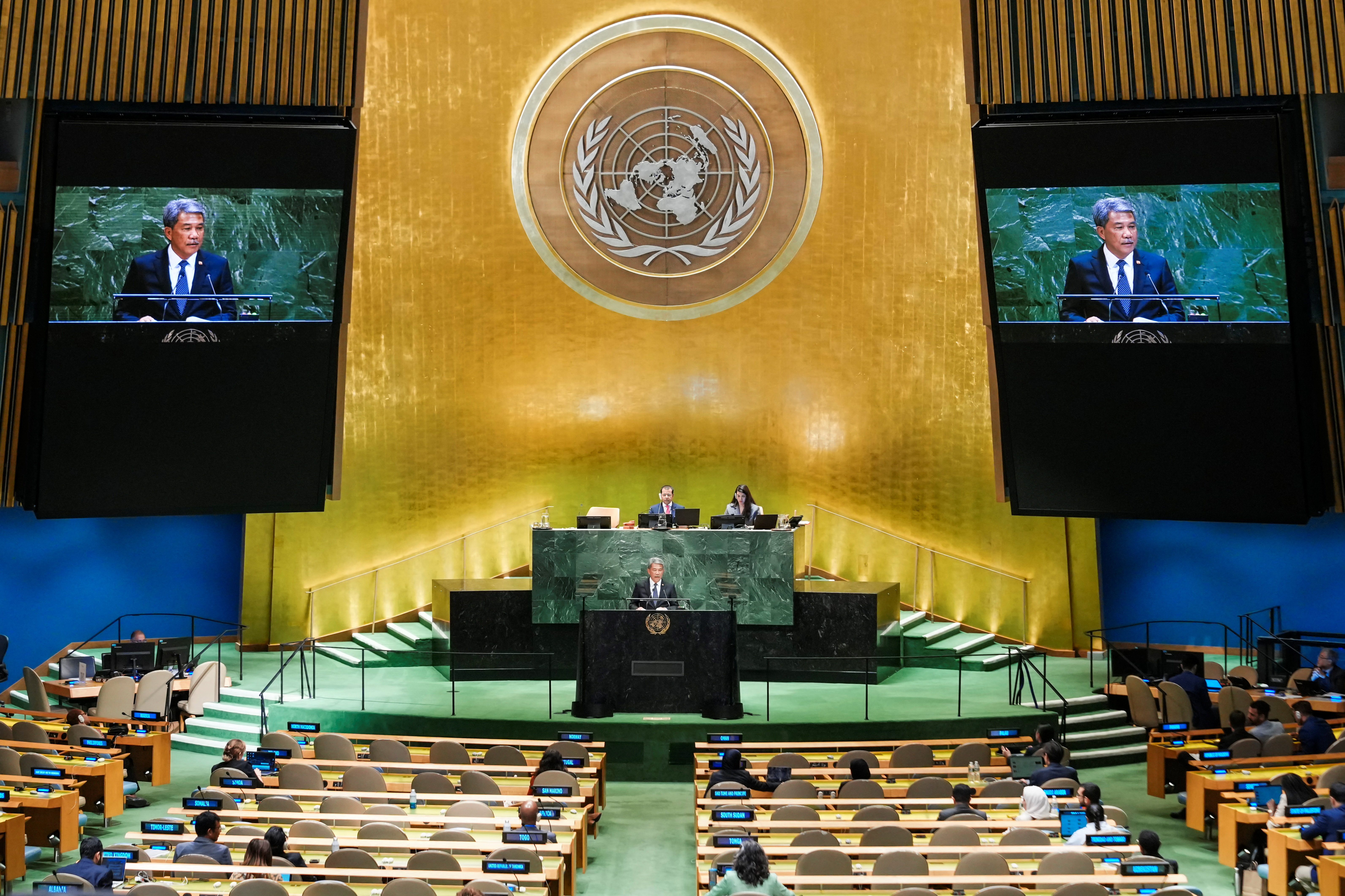 Malaysia's Foreign Affairs Minister Mohamad Hasan addresses the 80th United Nations General Assembly at U.N. headquarters in New York City, U.S., September 27, 2025. REUTERS/Eduardo Munoz