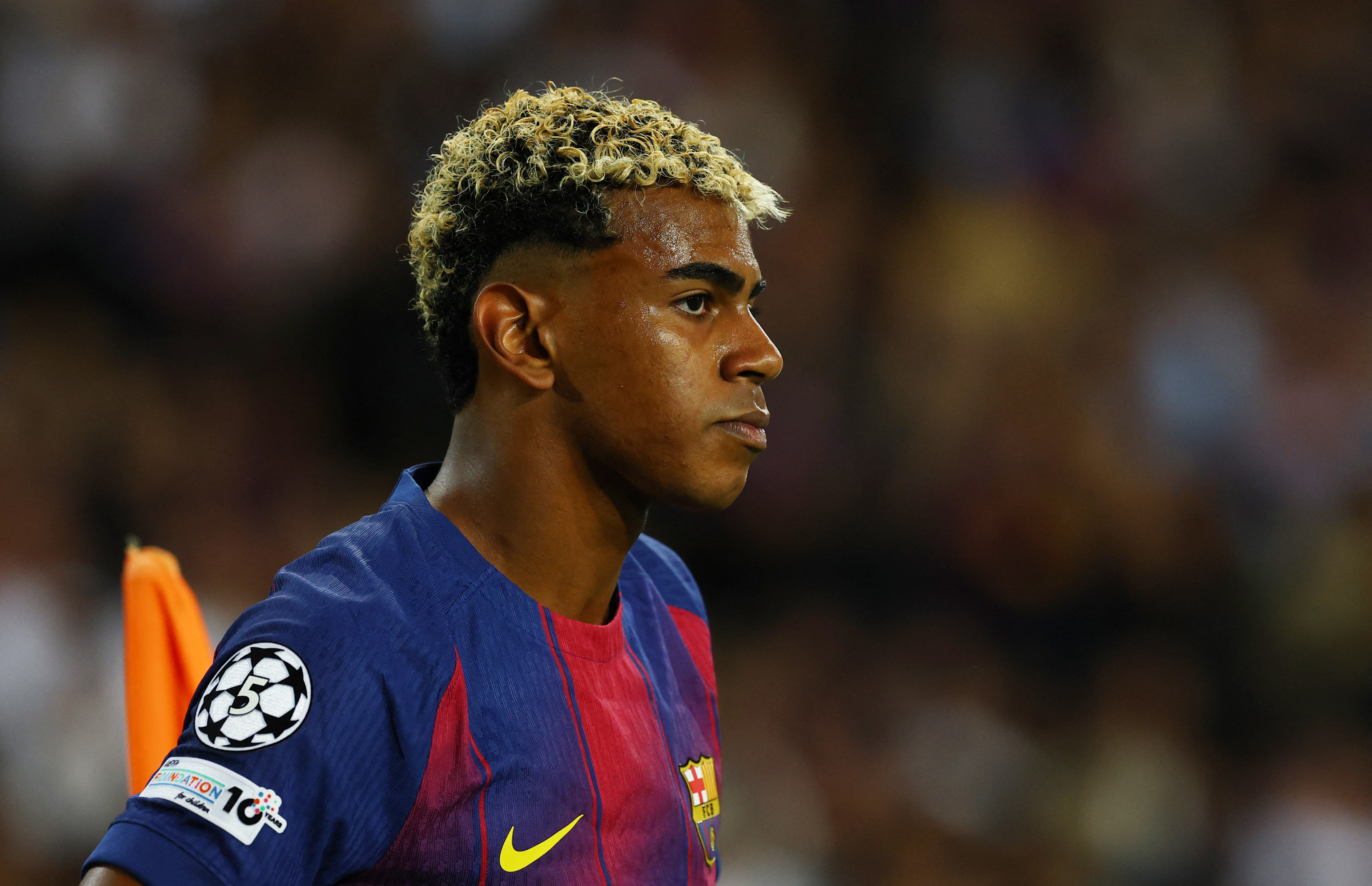 Soccer Football - UEFA Champions League - FC Barcelona v Paris St Germain - Estadi Olimpic Lluis Companys, Barcelona, Spain - October 1, 2025 FC Barcelona's Lamine Yamal REUTERS/Albert Gea