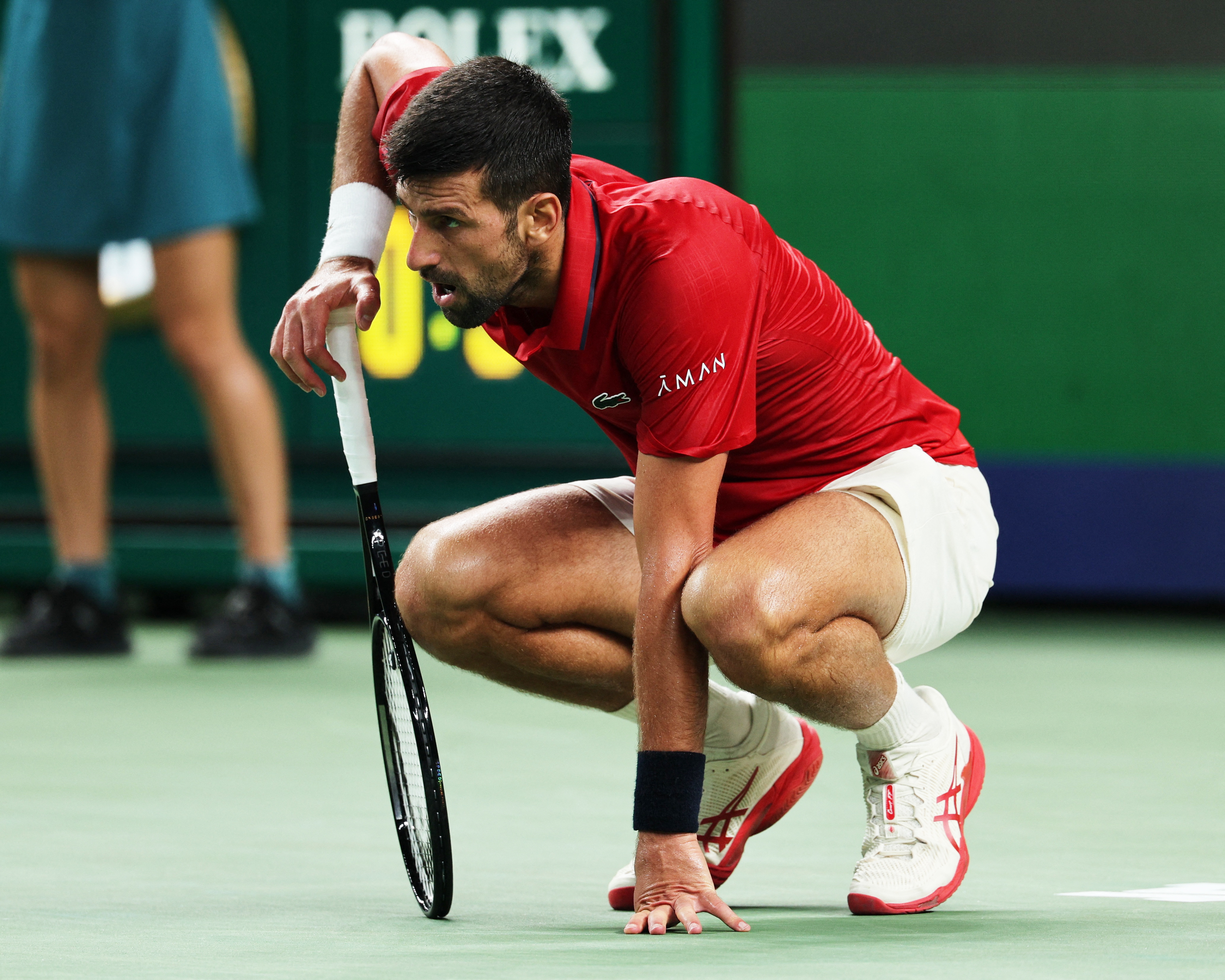 Tennis - ATP Masters 1000 - Shanghai Masters - Qizhong Forest Sports City Arena, Shanghai, China - October 9, 2025 Serbia's Novak Djokovic  reacts during his quarter final match against Belgium's Zizou Bergs REUTERS/Go Nakamura