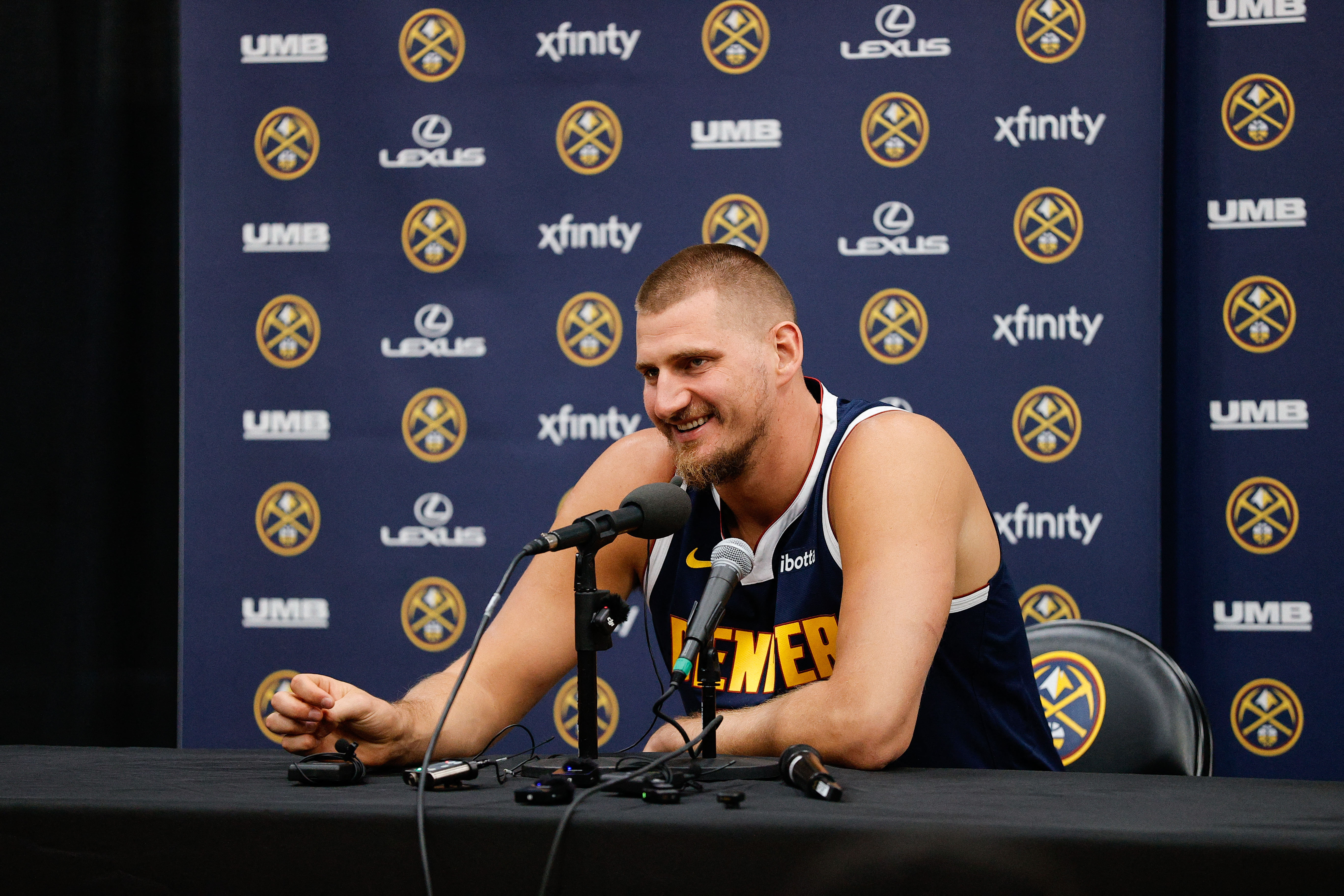 Sep 29, 2025; Denver, CO, USA; Denver Nuggets player Nikola Jokic (15) takes questions during media day at Ball Arena. Mandatory Credit: Isaiah J. Downing-Imagn Images
