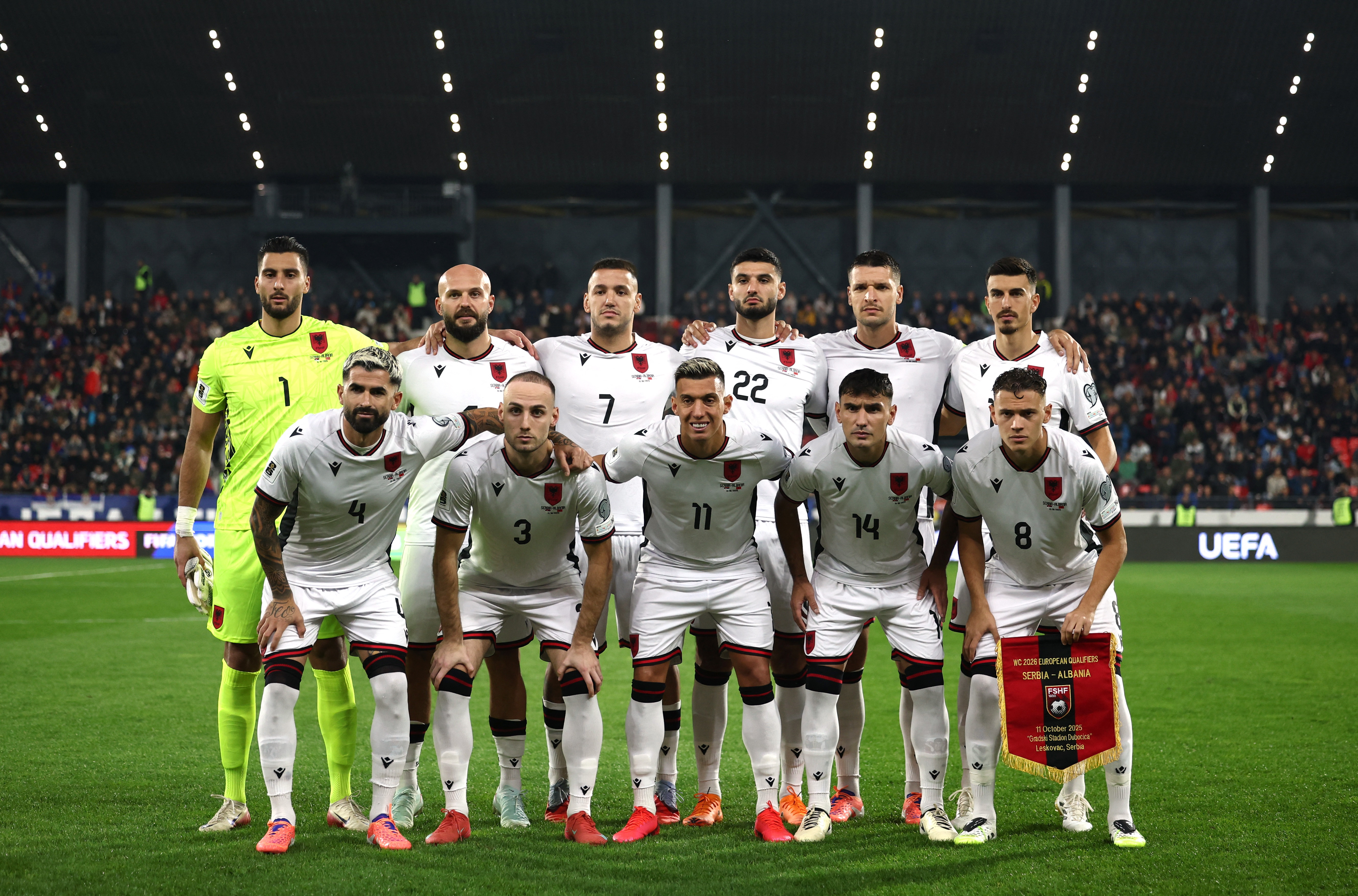 Soccer Football - FIFA World Cup - UEFA Qualifiers - Group K - Serbia v Albania - Dubocica Stadium, Leskovac, Serbia - October 11, 2025 Albania players pose for a team group photo before the match REUTERS/Marko Djurica