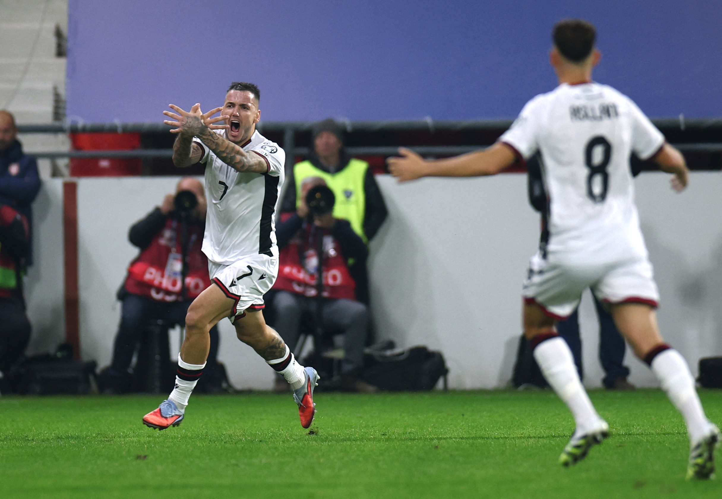Soccer Football - FIFA World Cup - UEFA Qualifiers - Group K - Serbia v Albania - Dubocica Stadium, Leskovac, Serbia - October 11, 2025 Albania's Rey Manaj celebrates scoring their first goal REUTERS/Marko Djurica