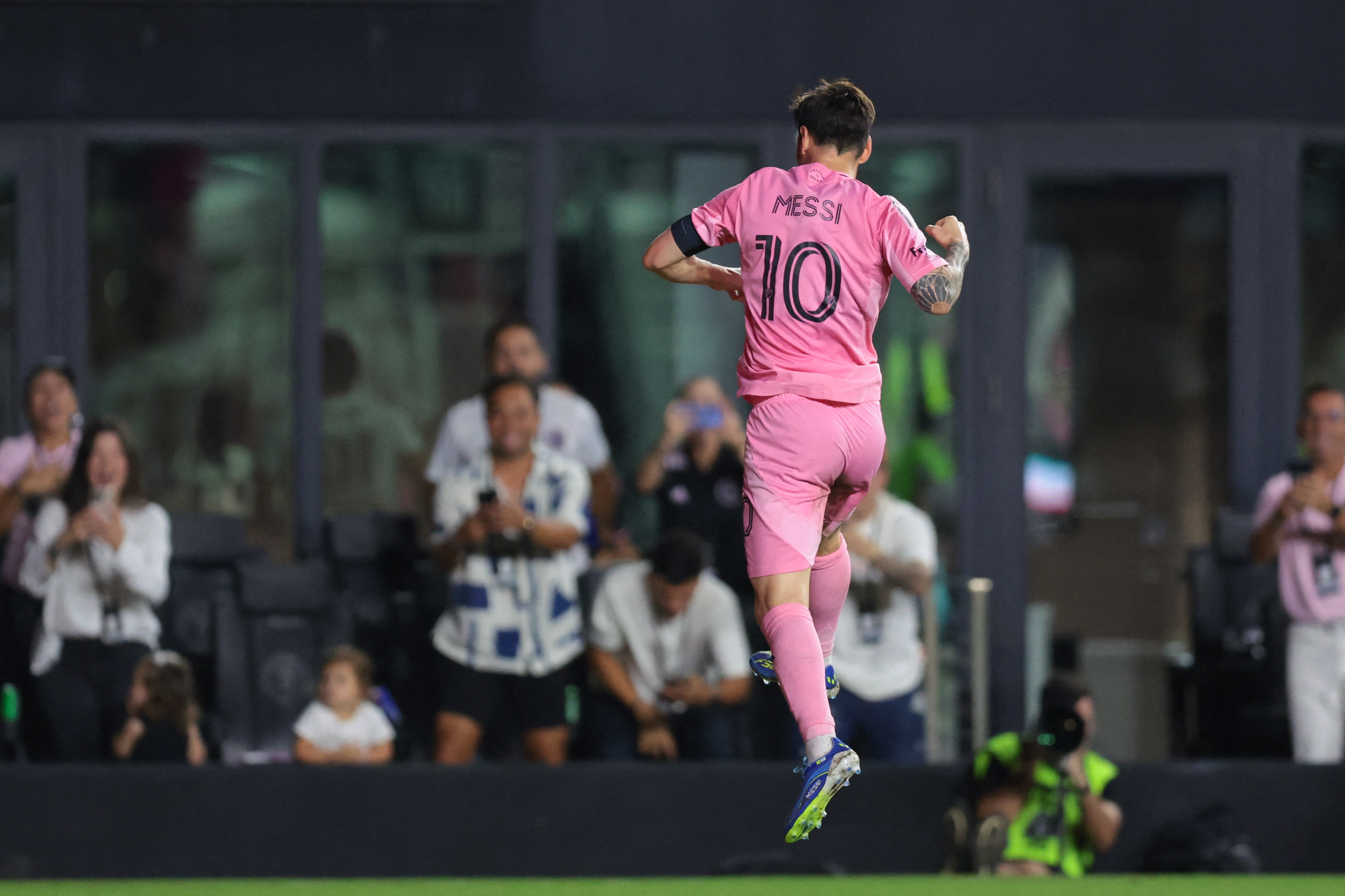 Oct 11, 2025; Fort Lauderdale, Florida, USA; Inter Miami CF forward Lionel Messi (10) celebrates after scoring against Atlanta United during the first half at Chase Stadium. Mandatory Credit: Sam Navarro-Imagn Images