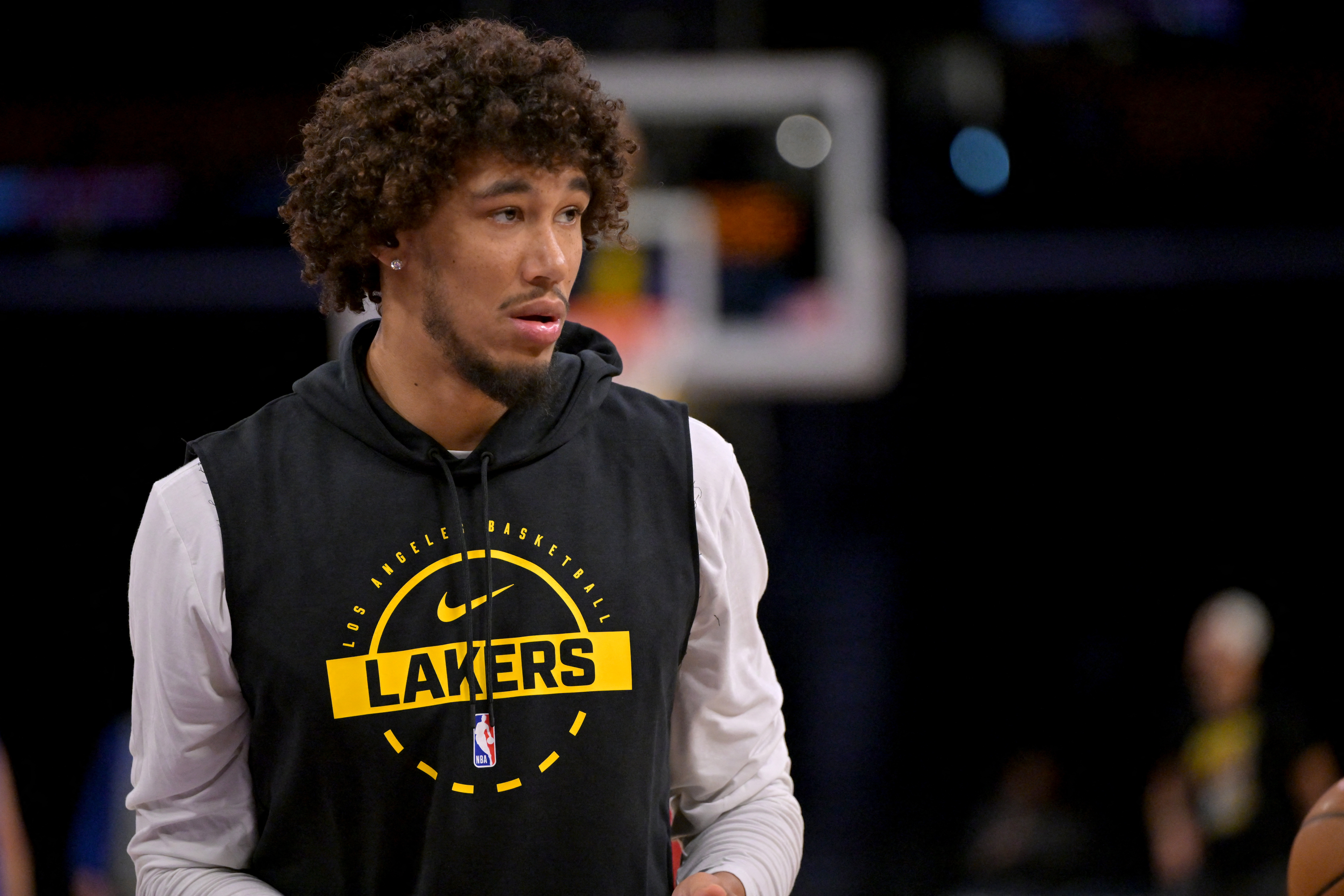 Oct 12, 2025; Los Angeles, California, USA;  Los Angeles Lakers center Jaxson Hayes (11) warms up prior to the game against the Golden State Warriors at Crypto.com Arena. Mandatory Credit: Jayne Kamin-Oncea-Imagn Images