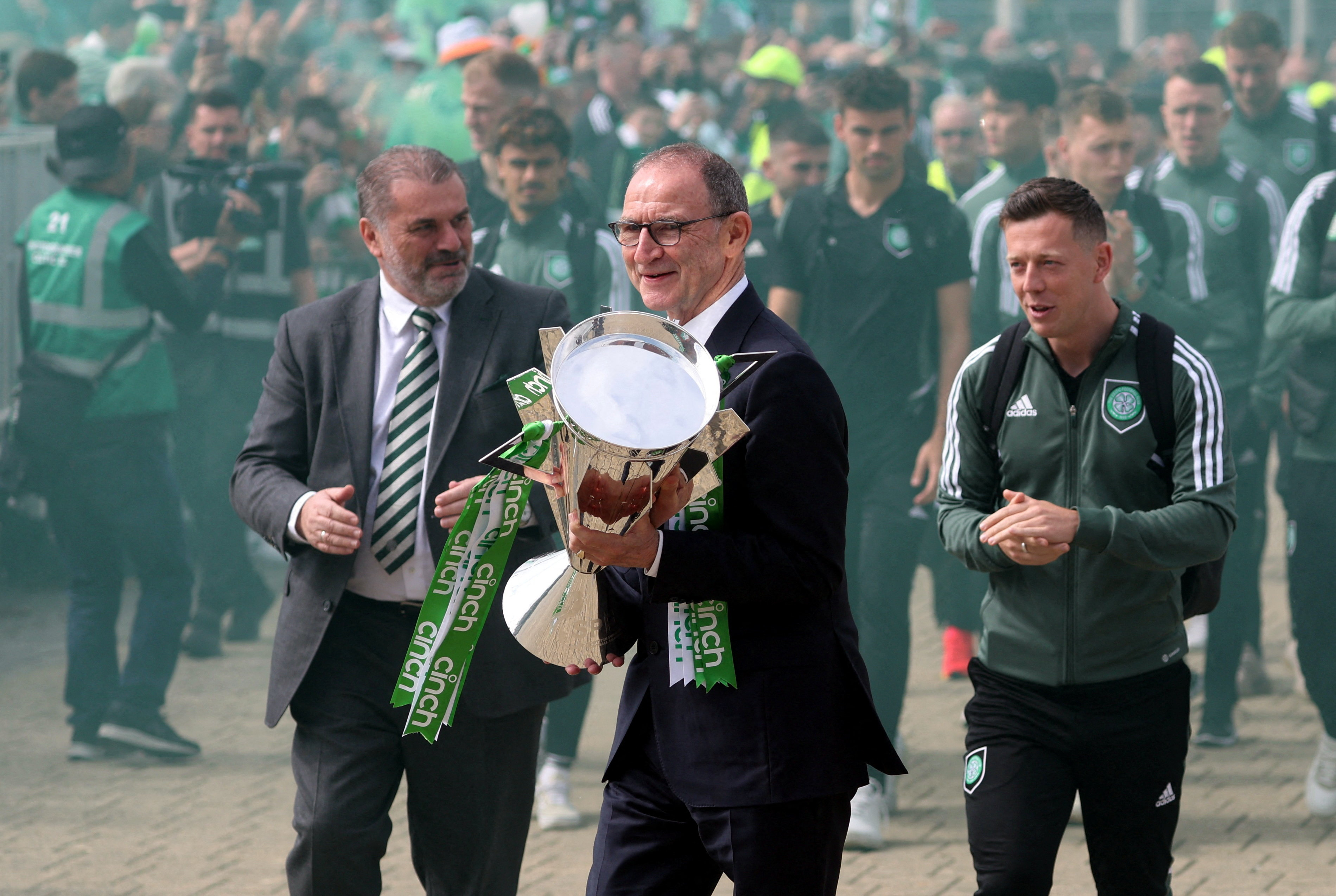 manager Martin O&#x27;Neill with Celtic manager Ange Postecoglou and Celtic&#x27;s  Callum McGregor during the celebration parade with the Scottish Premiership trophy outside the stadium before the match REUTERS/Russell Cheyne/File Photo