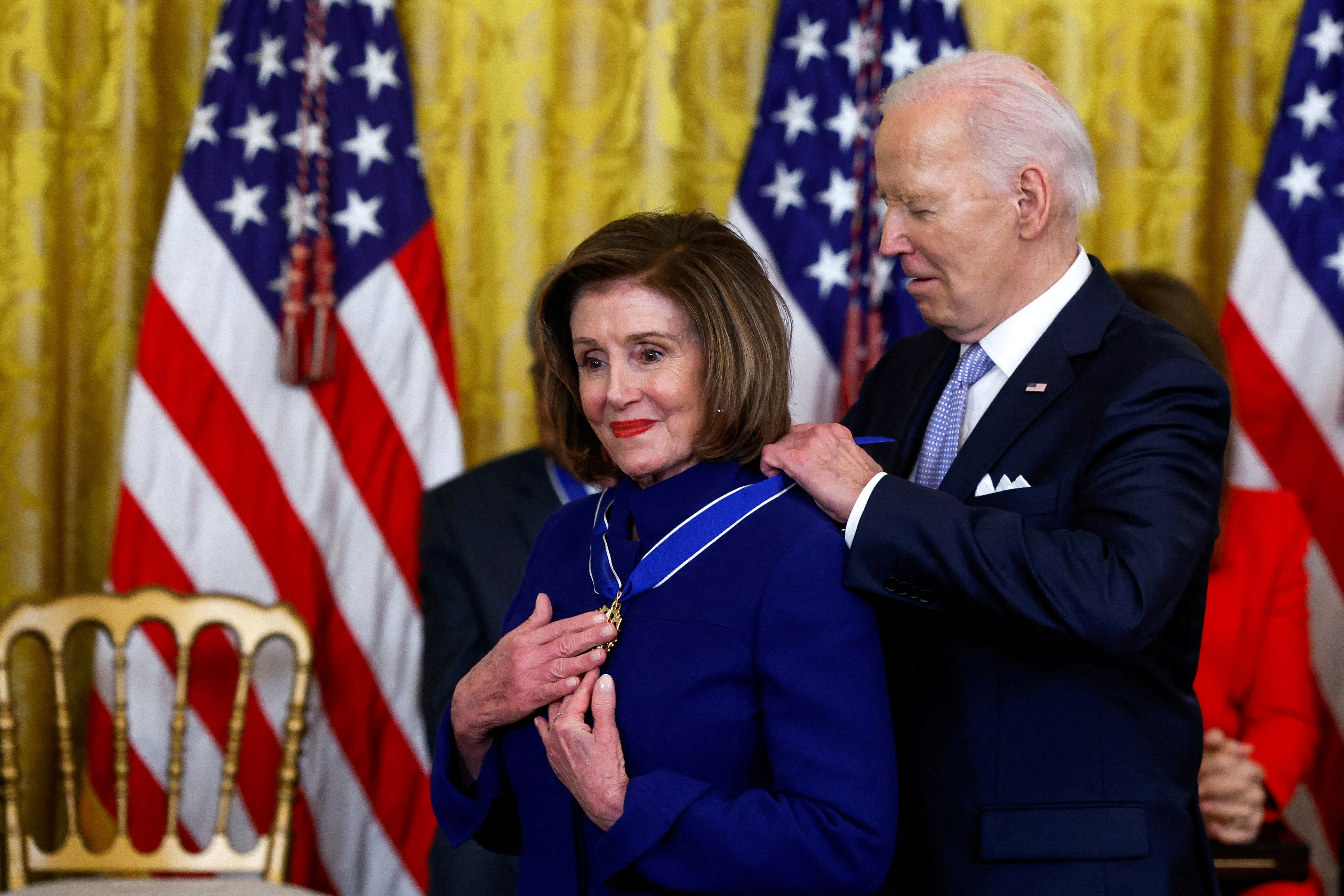FILE PHOTO: U.S. President Joe Biden presents the Presidential Medal of Freedom to U.S. Representative and former House Speaker Nancy Pelosi (D-CA) during a ceremony at the White House in Washington, U.S., May 3, 2024. REUTERS/Evelyn Hockstein/File Photo