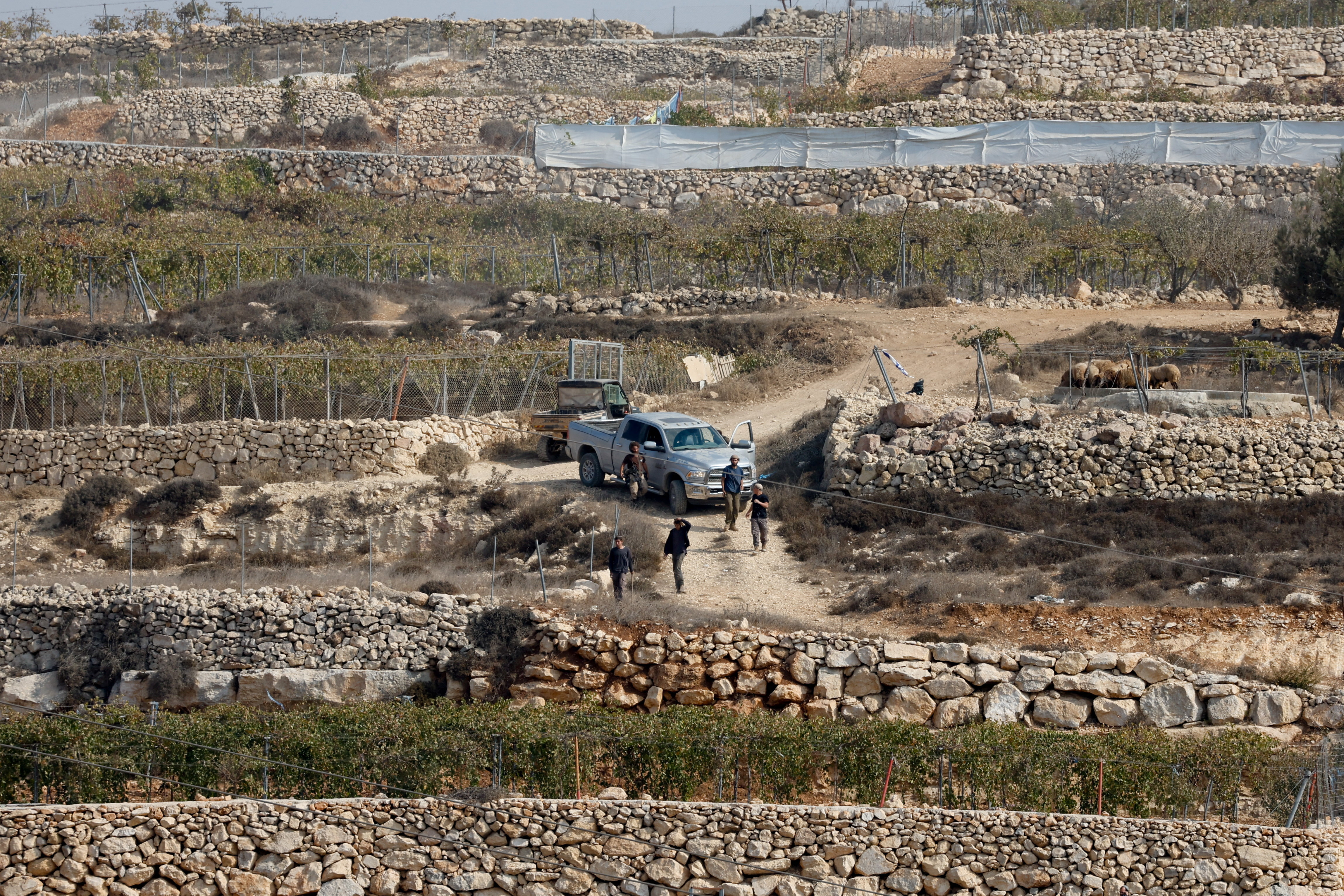 Israeli settlers gather as Palestinians protest against them taking over their land, near Hebron in the Israeli-occupied West Bank, November 13, 2025. REUTERS/Mussa Qawasma