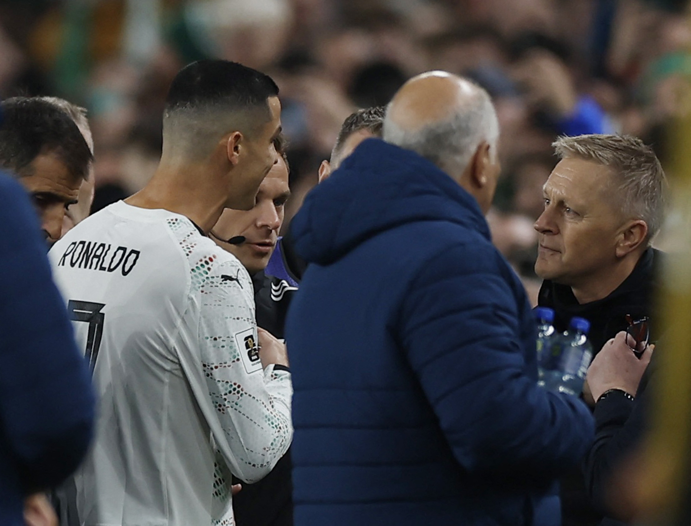 Soccer Football - World Cup - UEFA Qualifiers - Group F - Republic of Ireland v Portugal - Aviva Stadium, Dublin, Ireland - November 13, 2025 Portugal's Cristiano Ronaldo reacts with Republic of Ireland coach Heimir Hallgrimsson as he leaves the pitch aft