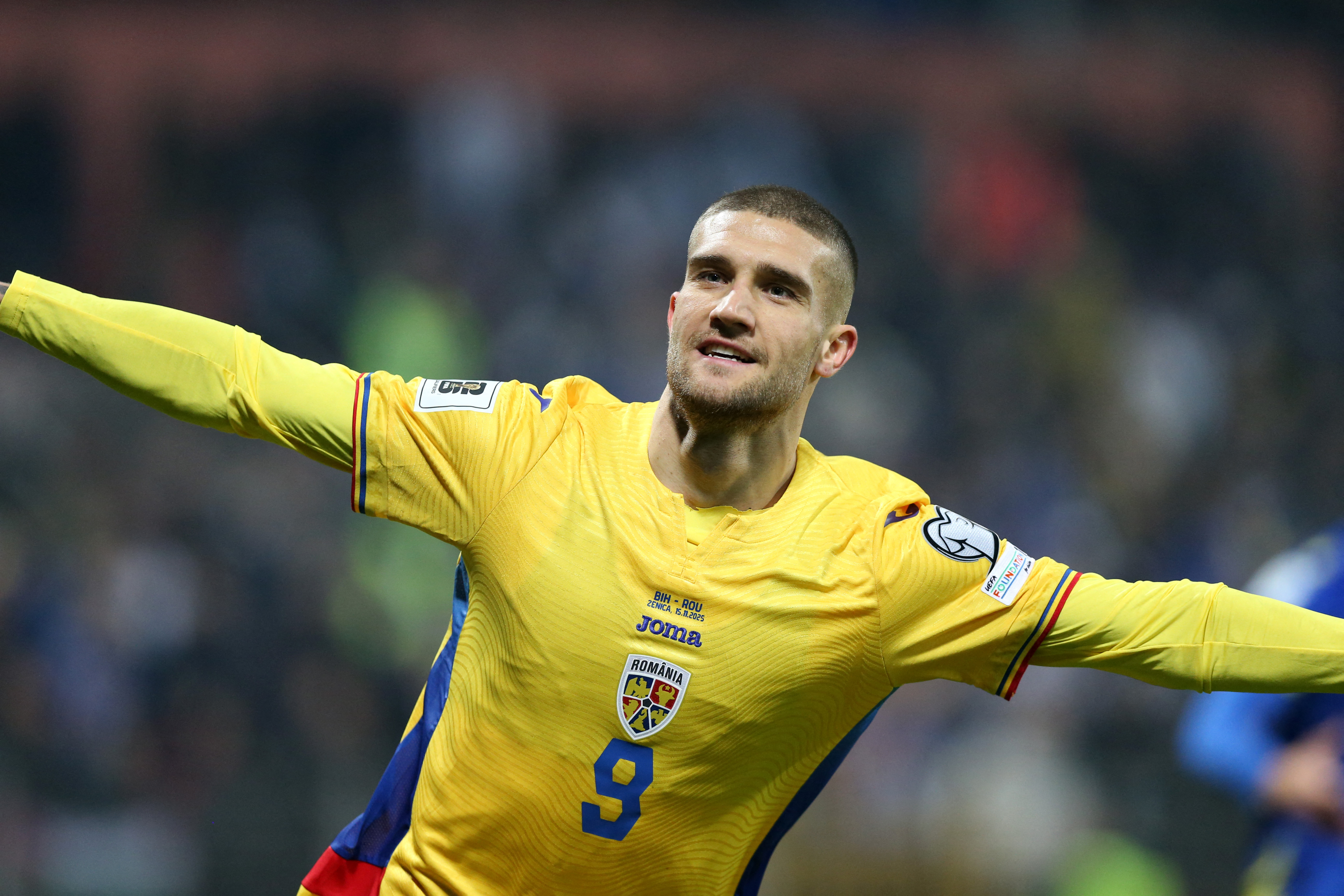 Soccer Football - FIFA World Cup - UEFA Qualifiers - Group H - Bosnia and Herzegovina v Romania - Stadion Bilino Polje, Zenica, Bosnia and Herzegovina - November 15, 2025 Romania's Daniel Birligea celebrates scoring their first goal REUTERS/Amel Emric