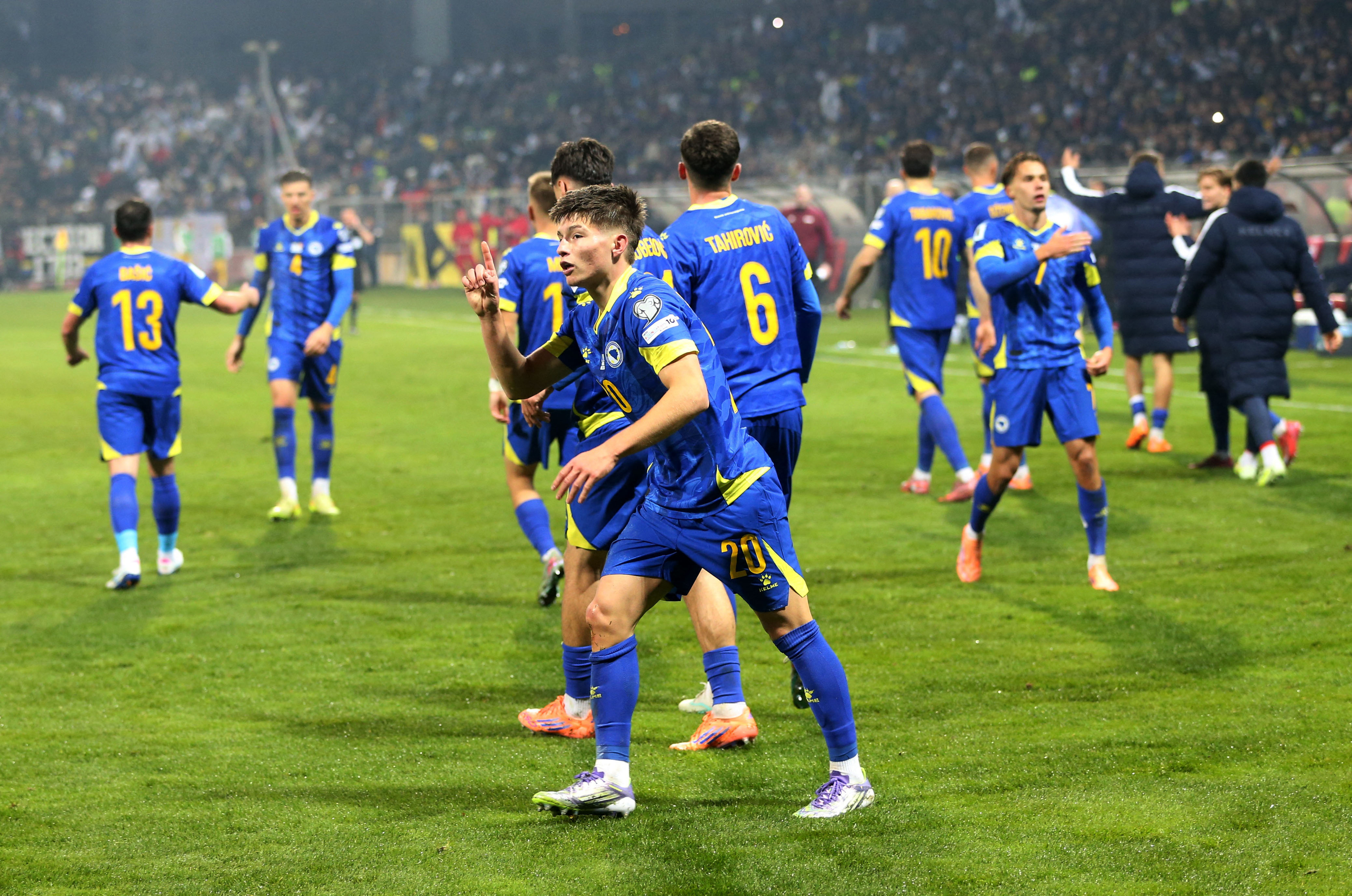 Soccer Football - FIFA World Cup - UEFA Qualifiers - Group H - Bosnia and Herzegovina v Romania - Stadion Bilino Polje, Zenica, Bosnia and Herzegovina - November 15, 2025 Bosnia and Herzegovina's Esmir Bajraktarevic celebrates scoring their second goal RE