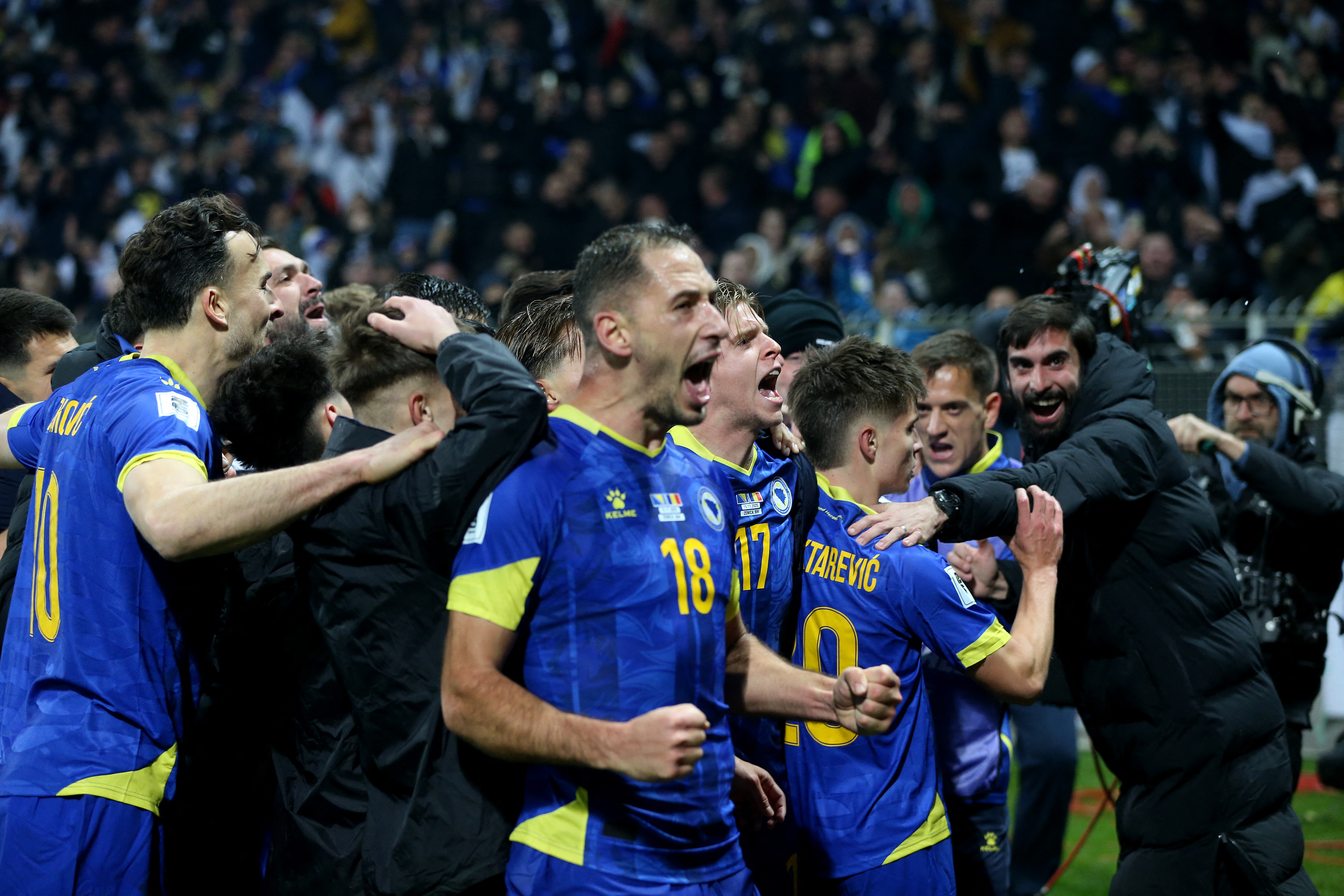 Soccer Football - FIFA World Cup - UEFA Qualifiers - Group H - Bosnia and Herzegovina v Romania - Stadion Bilino Polje, Zenica, Bosnia and Herzegovina - November 15, 2025 Bosnia and Herzegovina's Esmir Bajraktarevic celebrates scoring their second goal wi