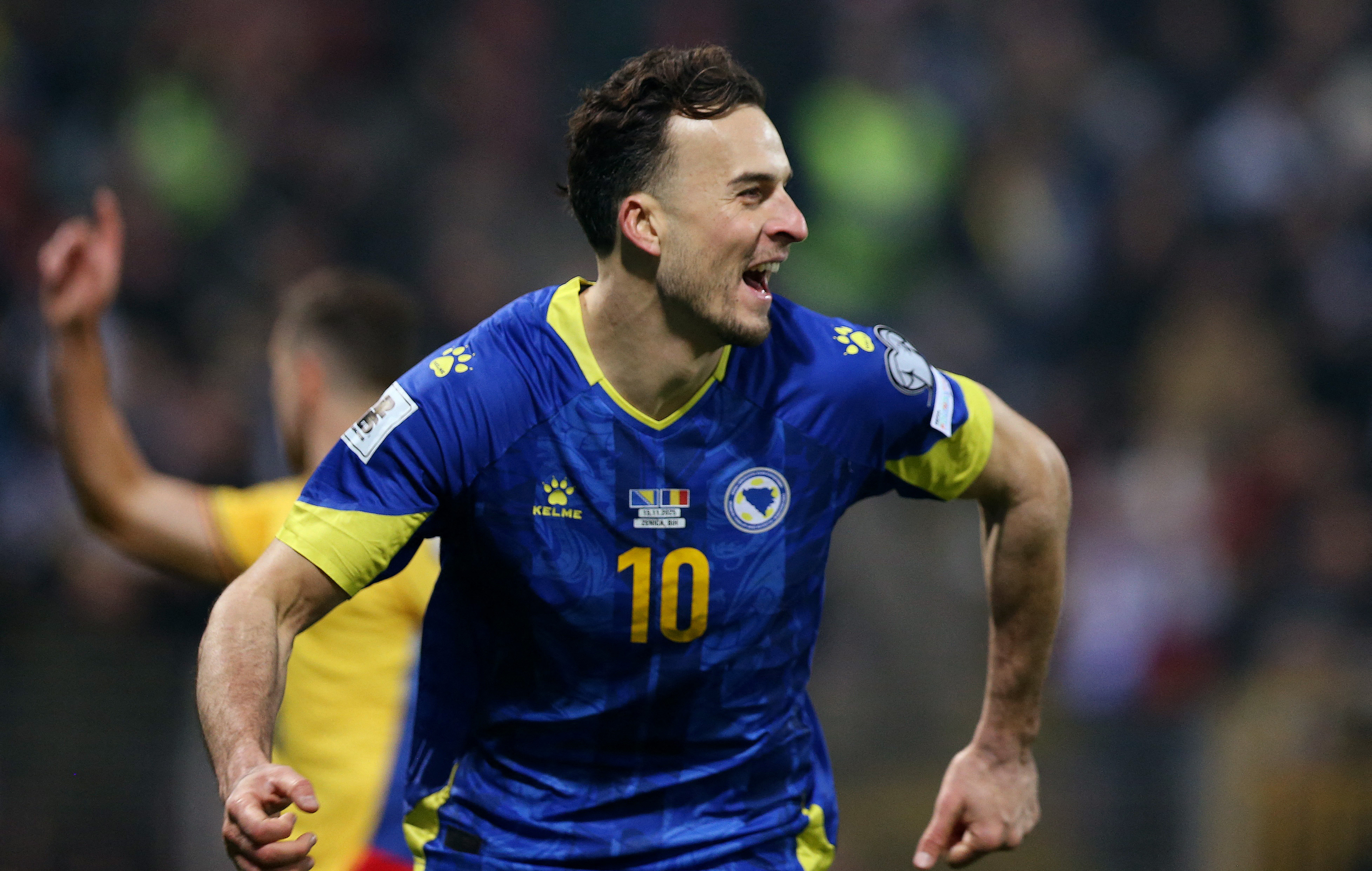 Soccer Football - FIFA World Cup - UEFA Qualifiers - Group H - Bosnia and Herzegovina v Romania - Stadion Bilino Polje, Zenica, Bosnia and Herzegovina - November 15, 2025 Bosnia and Herzegovina's Haris Tabakovic celebrates scoring their third goal REUTERS