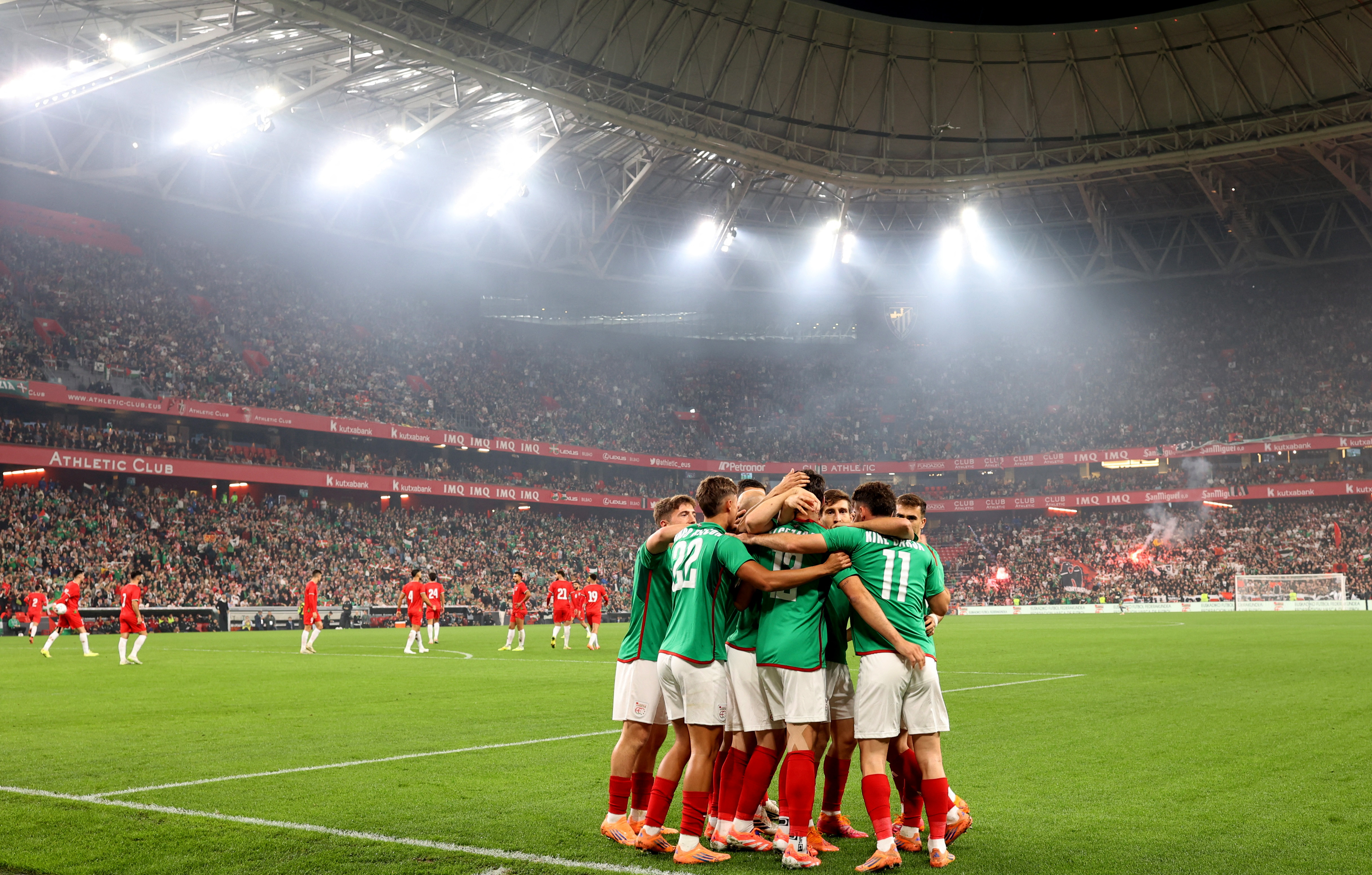 Soccer Football - Friendly Match - Basque Country v Palestine - San Mames, Bilbao, Spain - November 15, 2024  Basque Country's Unai Elgezabal celebrates scoring their first goal with teammates REUTERS/Pankra Nieto