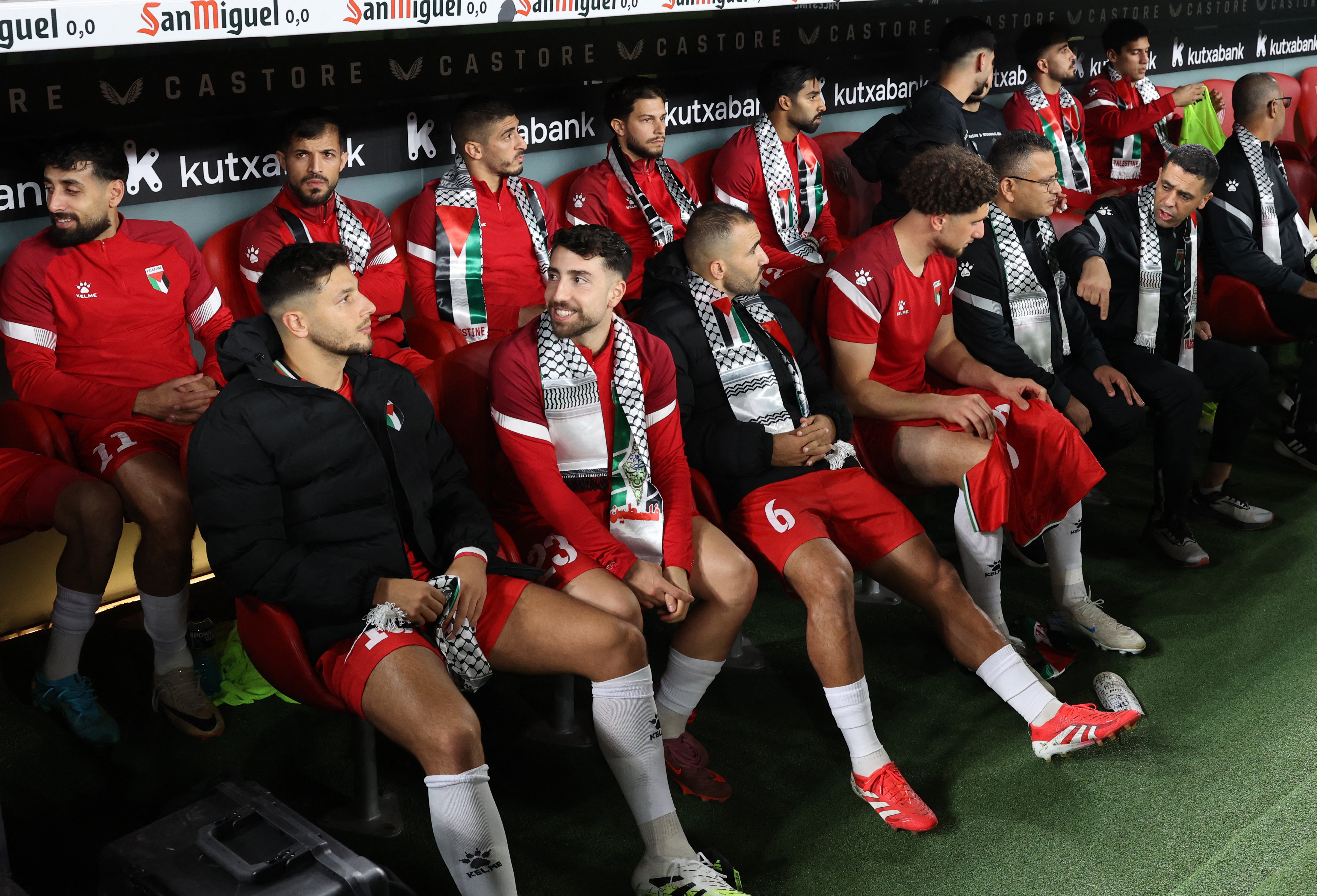 Soccer Football - Friendly Match - Basque Country v Palestine - San Mames, Bilbao, Spain - November 15, 2024  Palestine players on the substitutes bench before the match REUTERS/Pankra Nieto