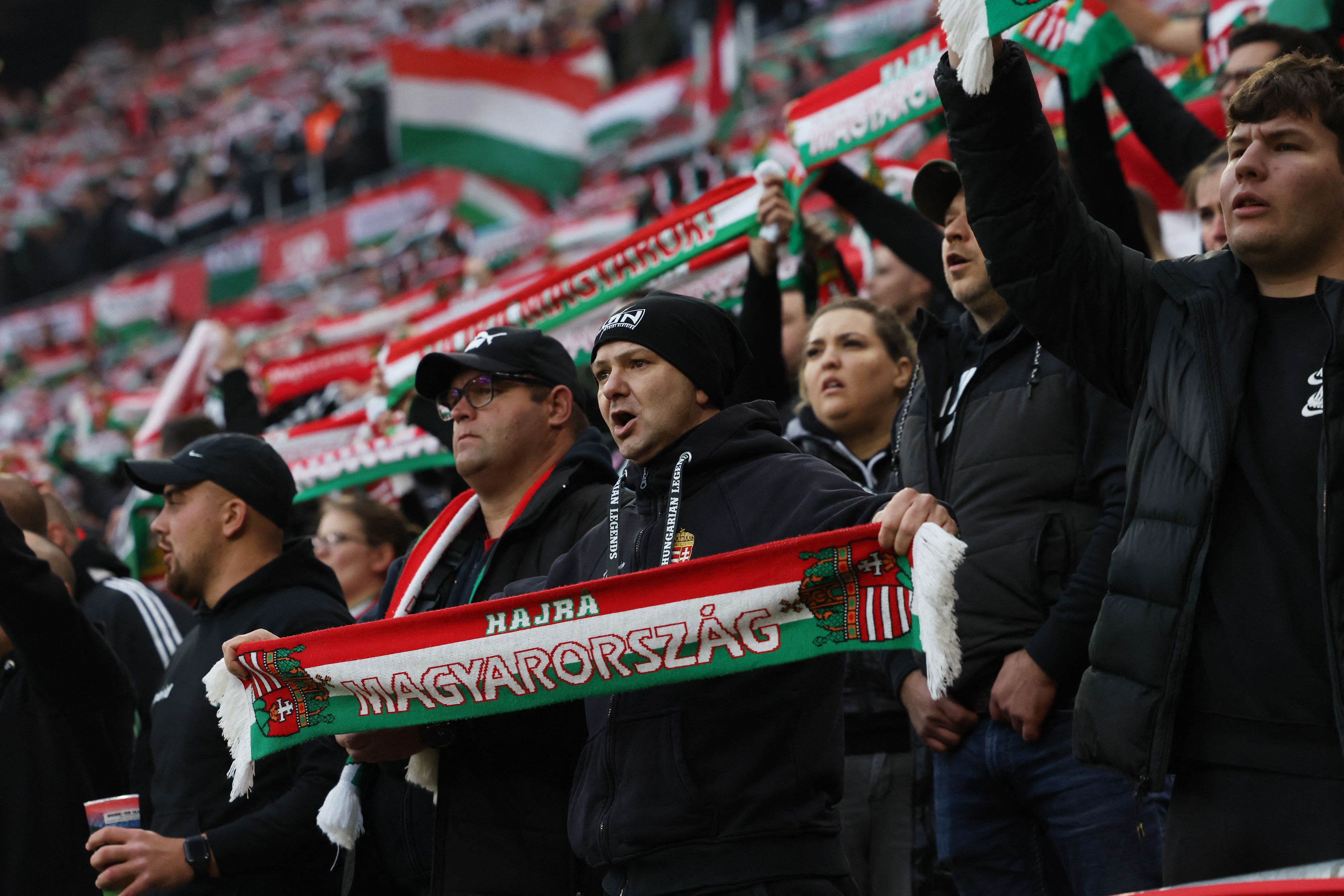 Soccer Football - World Cup - UEFA Qualifiers - Group F - Hungary v Republic of Ireland - Puskas Arena, Budapest, Hungary - November 16, 2025 Hungary fans react in the stands REUTERS/Bernadett Szabo