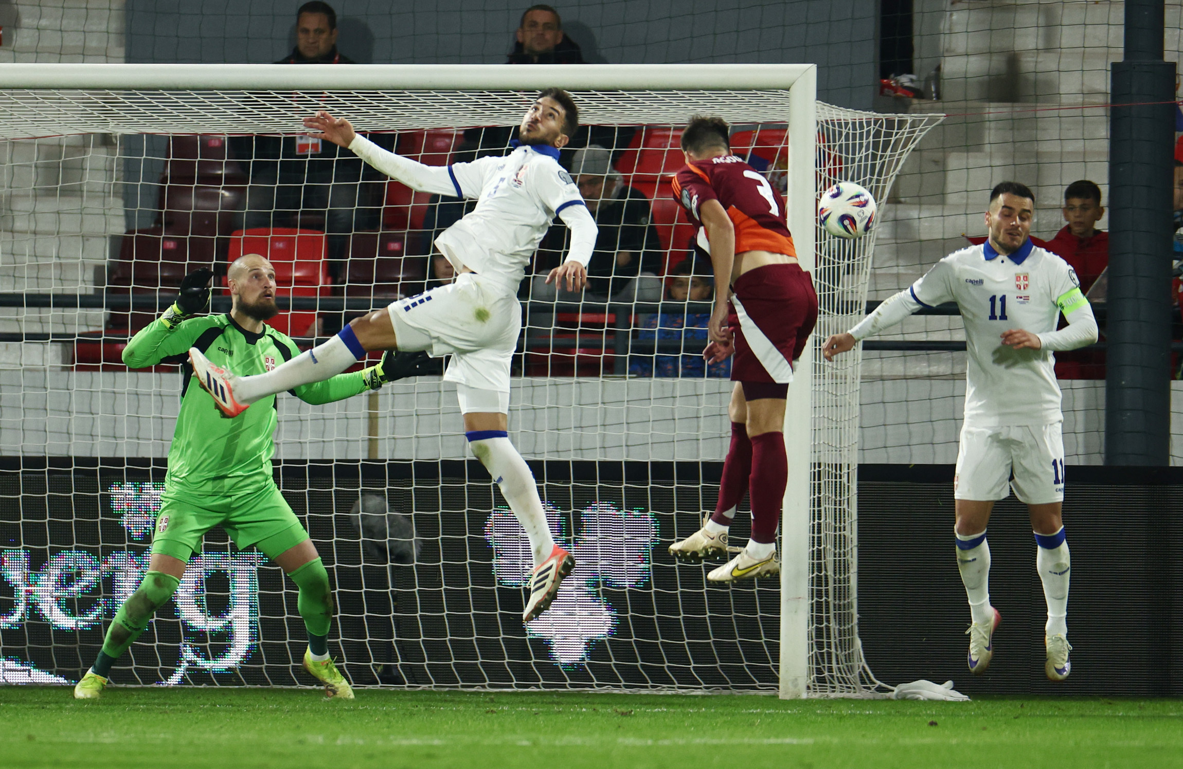 Soccer Football - World Cup - UEFA Qualifiers - Group K - Serbia v Latvia - Dubocica Stadium, Leskovac, Serbia - November 16, 2025 Latvia's Vitalijs Jagodinskis misses a chance to score REUTERS/Marko Djurica