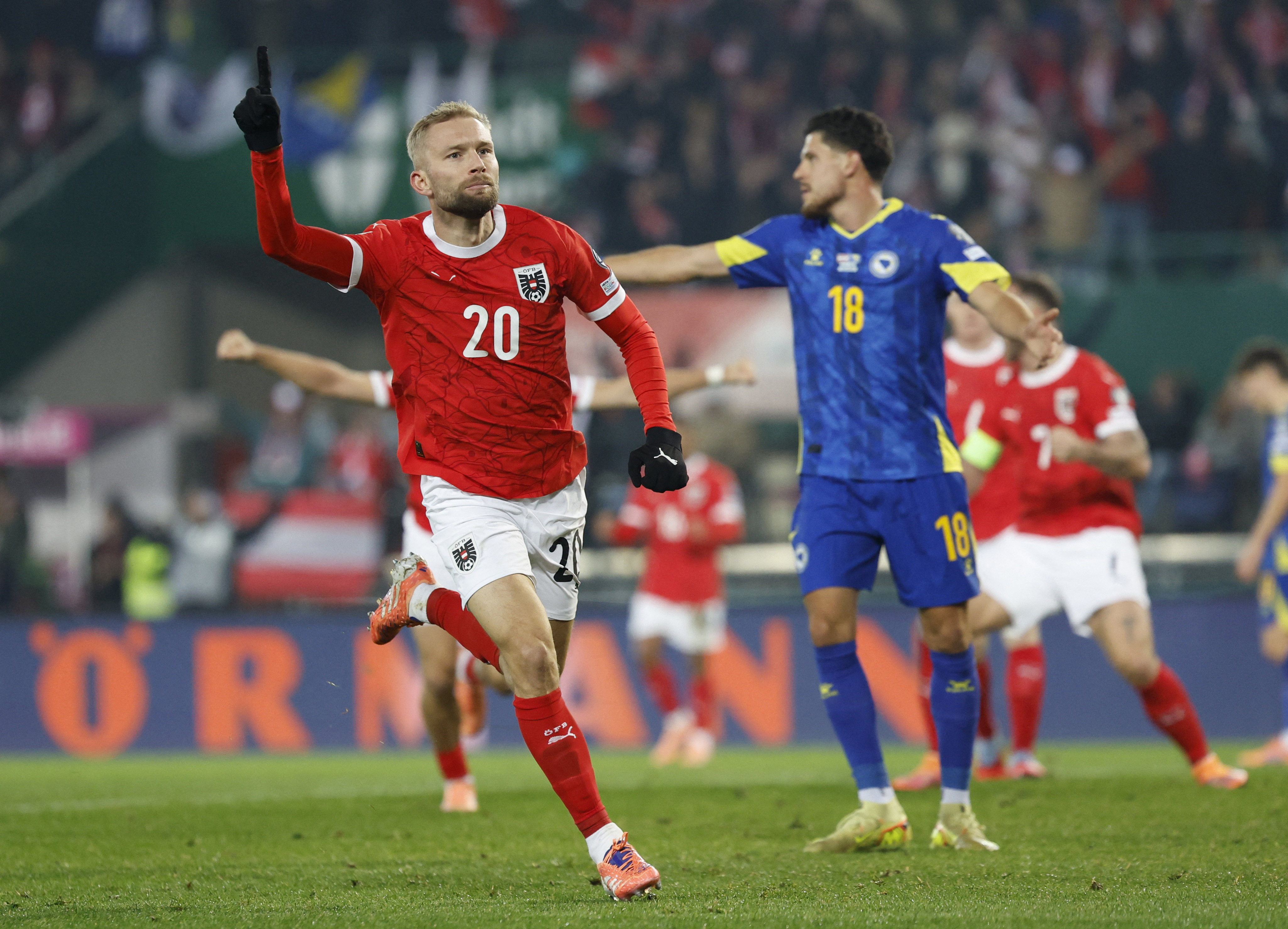 Soccer Football - FIFA World Cup - UEFA Qualifiers - Group H - Austria v Bosnia and Herzegovina - Ernst-Happel-Stadion, Vienna, Austria - November 18, 2025 Austria's Konrad Laimer celebrates scoring their first goal